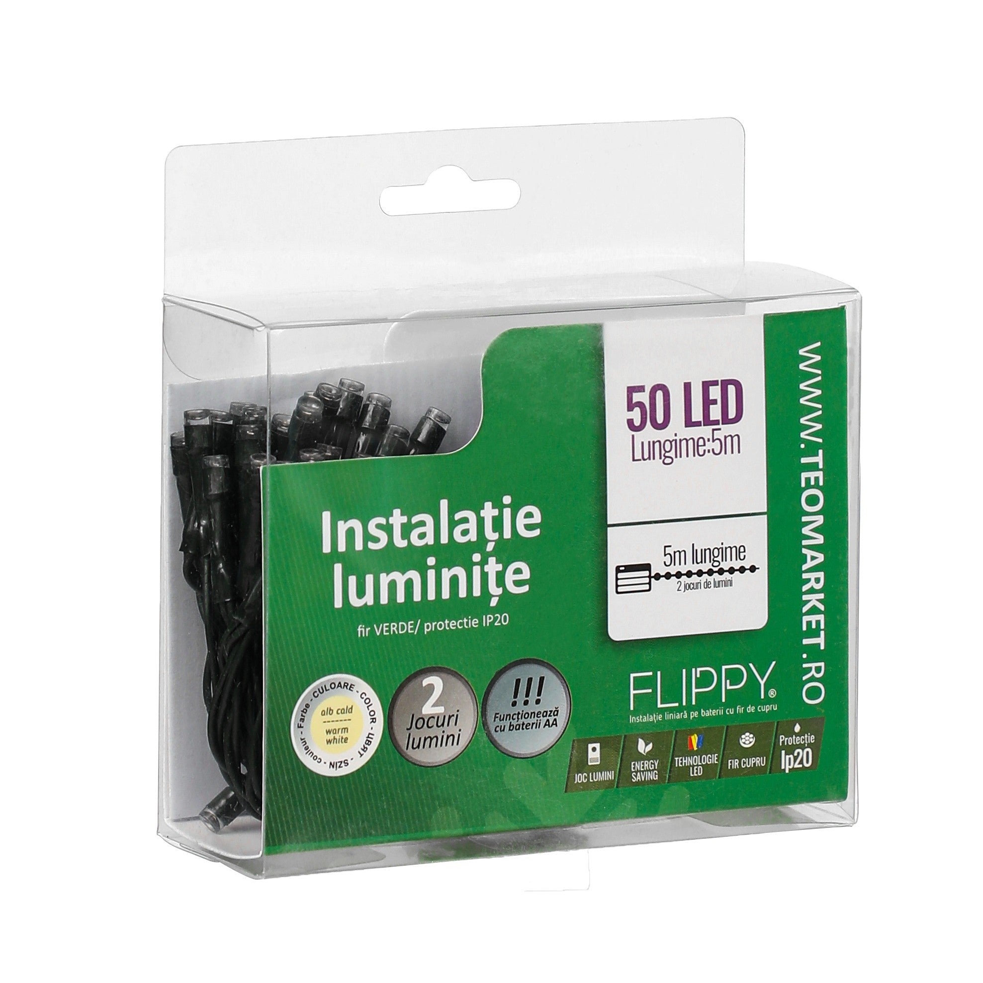 Instalatie de Craciun cu Baterii Tip Liniar, 2 jocuri de lumini, Fir Verde 5 m 50 LED -uri, Alb Cald-2