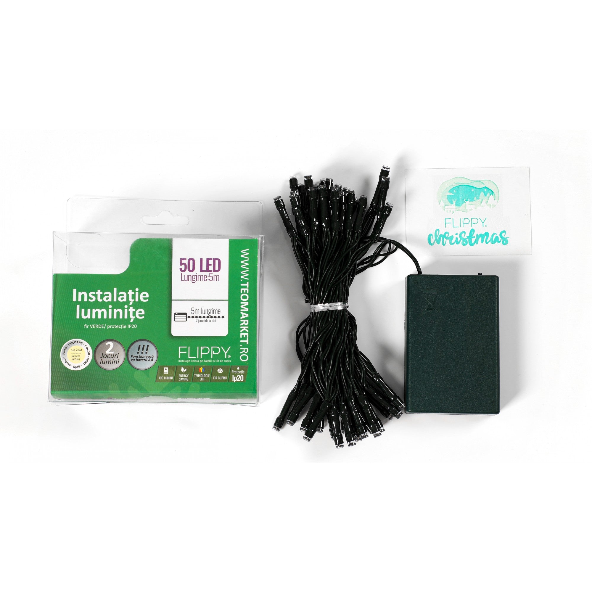 Instalatie de Craciun cu Baterii Tip Liniar, 2 jocuri de lumini, Fir Verde 5 m 50 LED -uri, Alb Cald-3