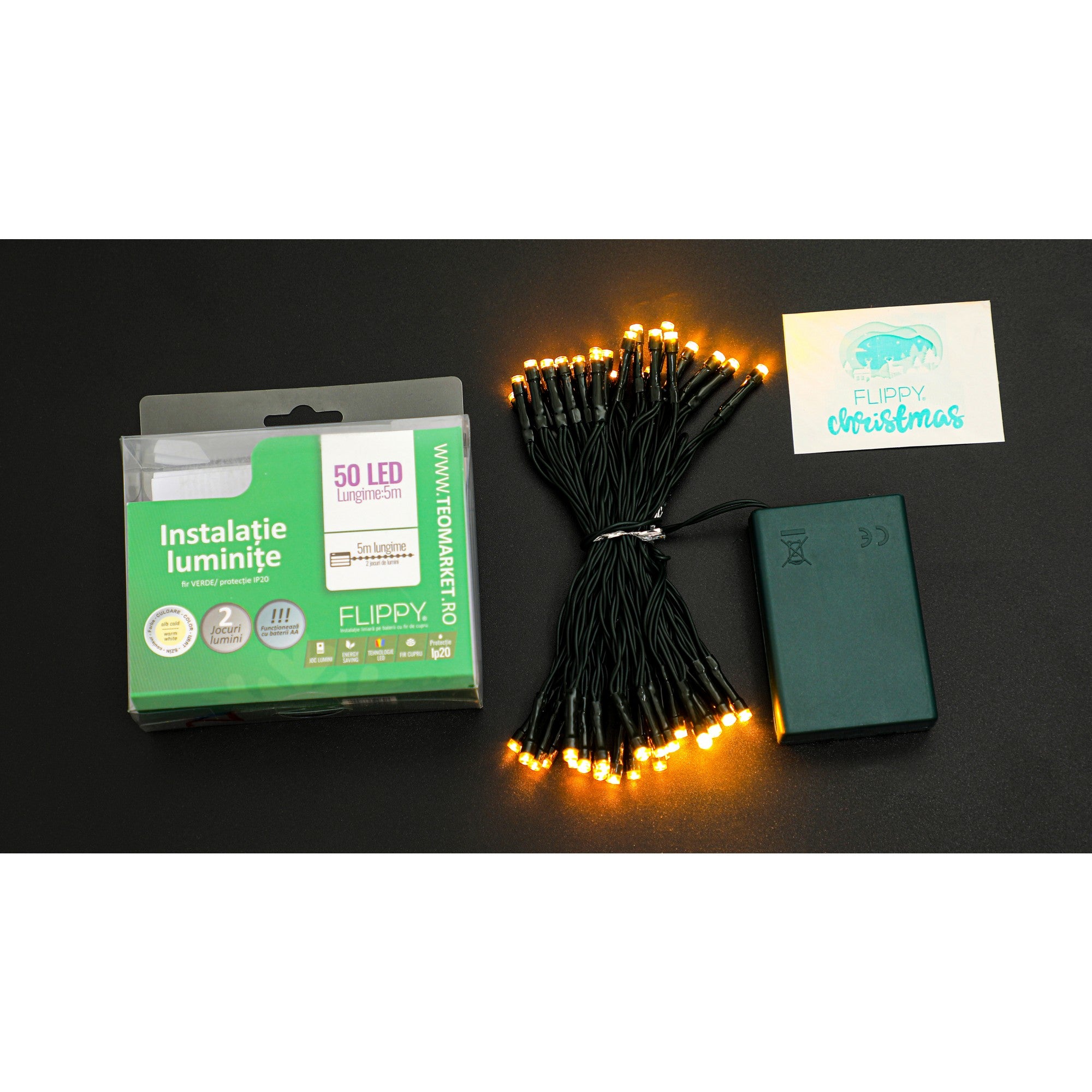 Instalatie de Craciun cu Baterii Tip Liniar, 2 jocuri de lumini, Fir Verde 5 m 50 LED -uri, Alb Cald-6