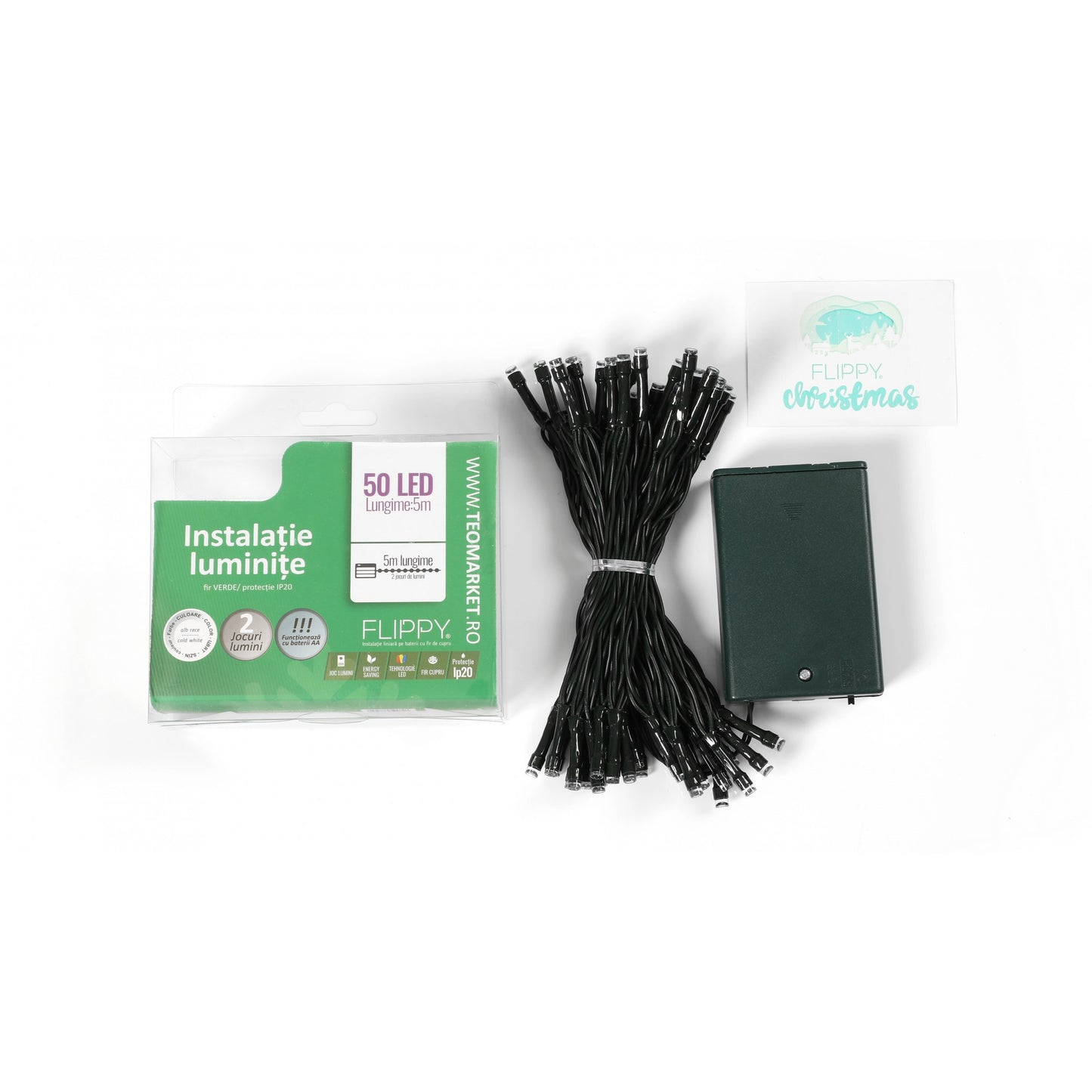 Instalatie de Craciun cu Baterii Tip Liniar, 2 jocuri de lumini, Fir Verde 5 m 50 LED -uri, Alb Rece-4