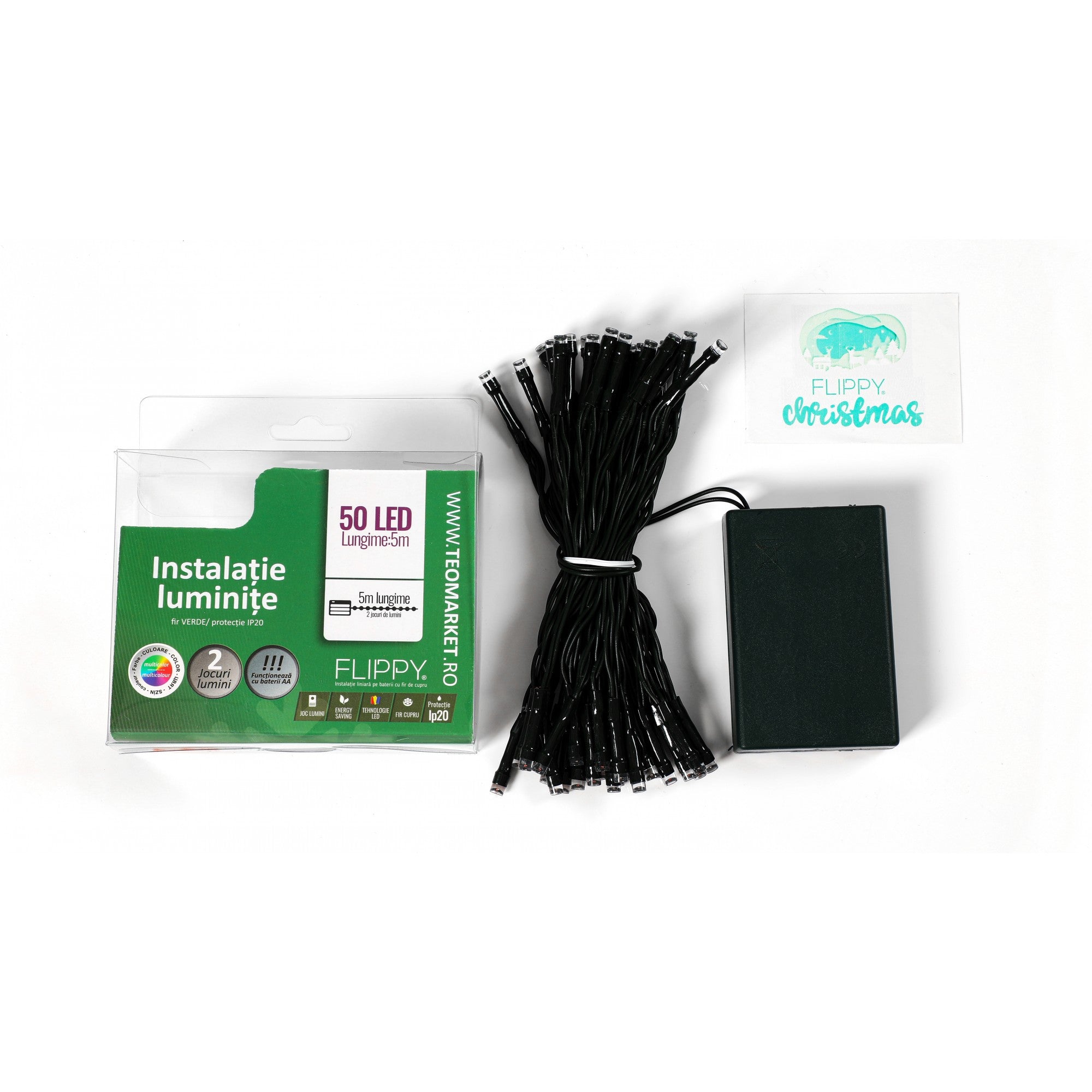 Instalatie de Craciun cu Baterii Tip Liniar, 2 jocuri de lumini, Fir Verde 5 m 50 LED -uri, Multicolor-4
