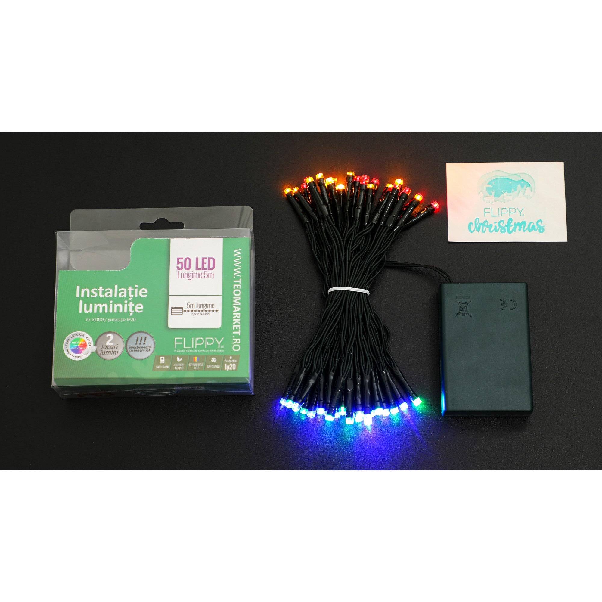 Instalatie de Craciun cu Baterii Tip Liniar, 2 jocuri de lumini, Fir Verde 5 m 50 LED -uri, Multicolor-6