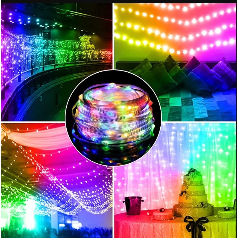 Instalatie de Craciun Yoto, liniara, cu 100 micro LED-uri, 10 m, 220V, conectare la retea, cu 8 jocuri de lumini, interior/exterior, fir transparent, multicolora-1