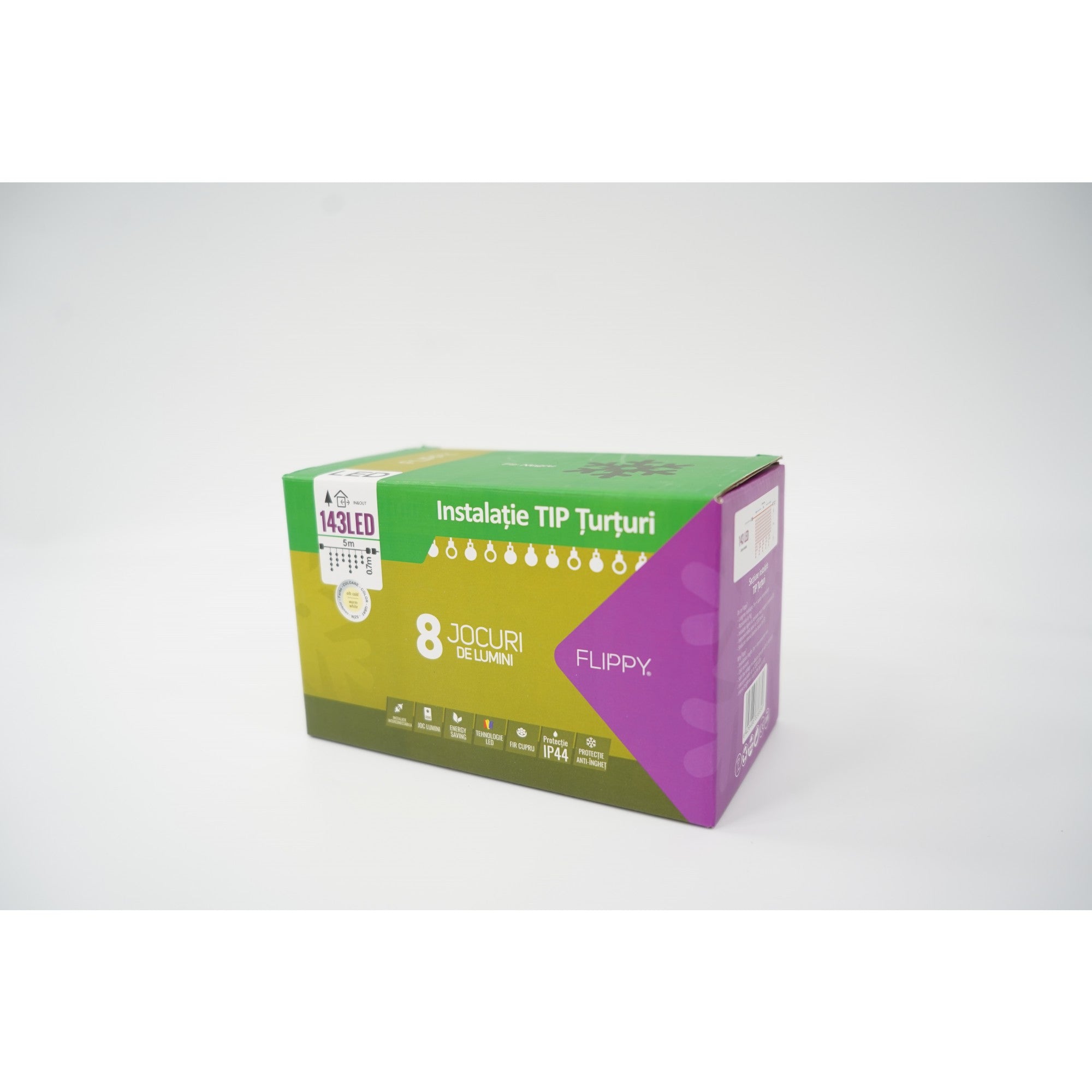 Sectiune Instalatie de Craciun Flippy® Tip Franjuri, 8 jocuri de lumini  5 m, 143 LED-uri, Interconectabila, Fir Negru, Alb Cald, Atentie! Nu contine alimentator-1