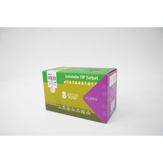 Sectiune Instalatie de Craciun Flippy® Tip Franjuri, 8 jocuri de lumini  5 m, 143 LED-uri, Interconectabila, Fir Negru, Alb Cald, Atentie! Nu contine alimentator-1