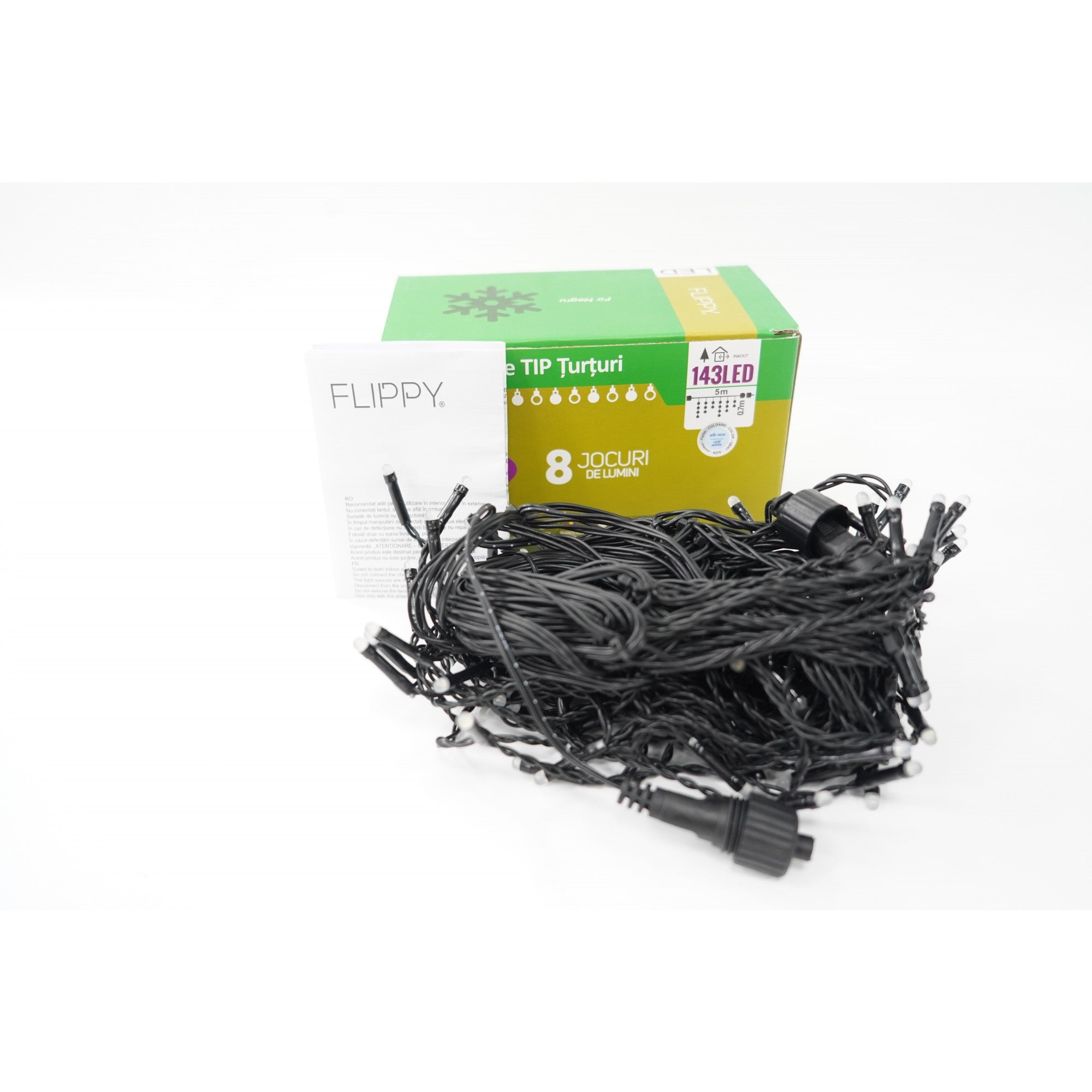 Instalatie de Craciun Flippy® Tip Franjuri, 8 jocuri de lumini, Sectiune 5 m, 143 LED-uri, Interconectabila, Fir Negru, Alb Rece-4