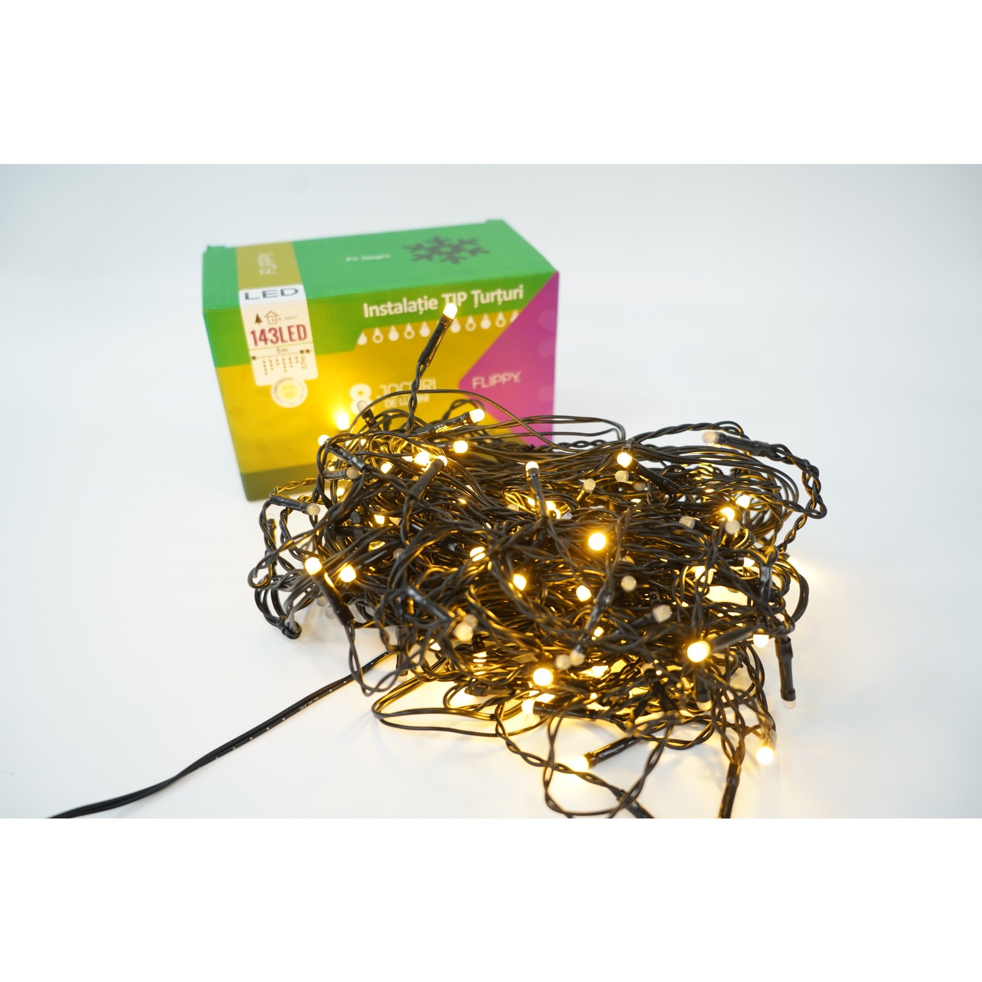Sectiune Instalatie de Craciun Flippy® Tip Franjuri, 8 jocuri de lumini  5 m, 143 LED-uri, Interconectabila, Fir Negru, Alb Cald, Atentie! Nu contine alimentator-0