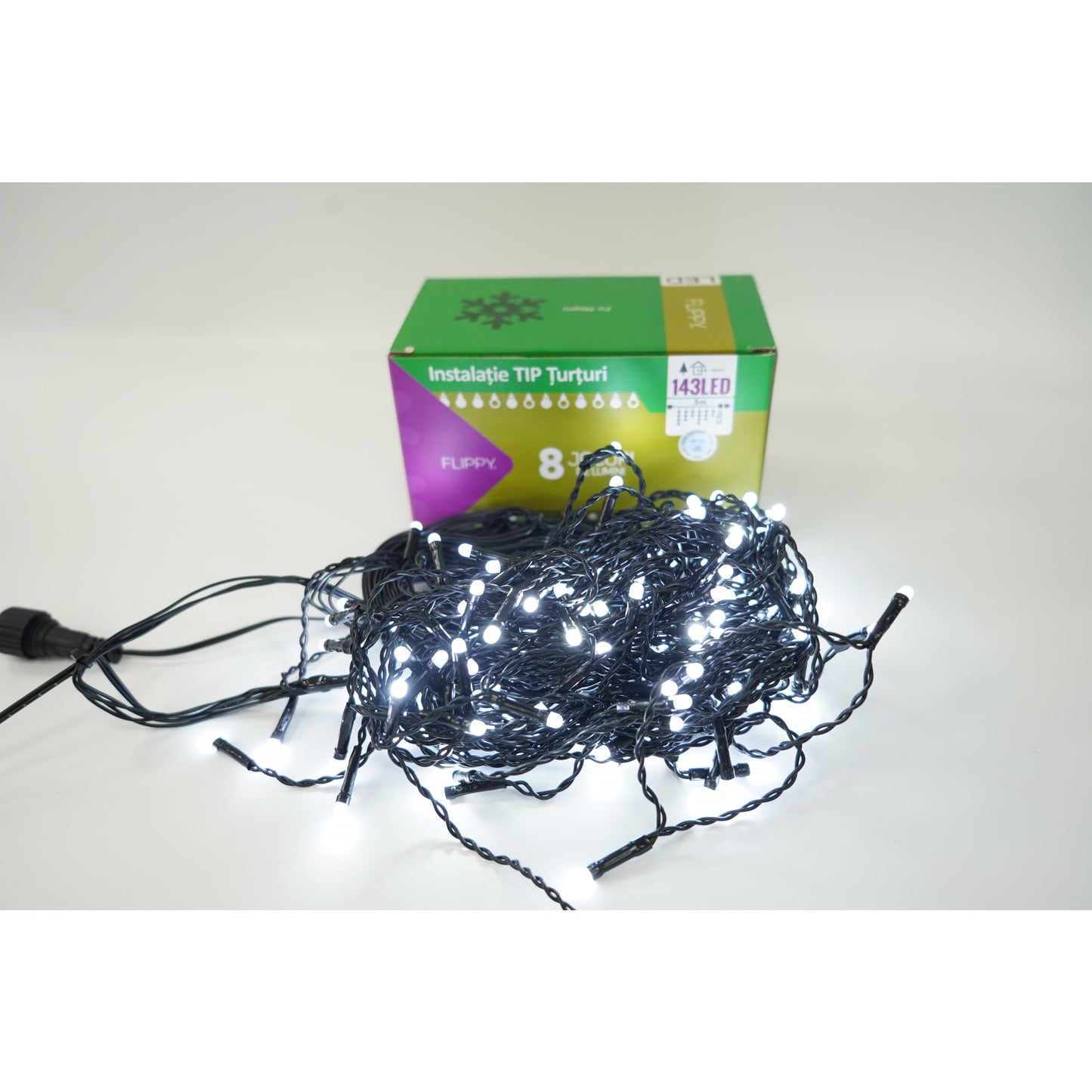 Instalatie de Craciun Flippy® Tip Franjuri, 8 jocuri de lumini, Sectiune 5 m, 143 LED-uri, Interconectabila, Fir Negru, Alb Rece-0