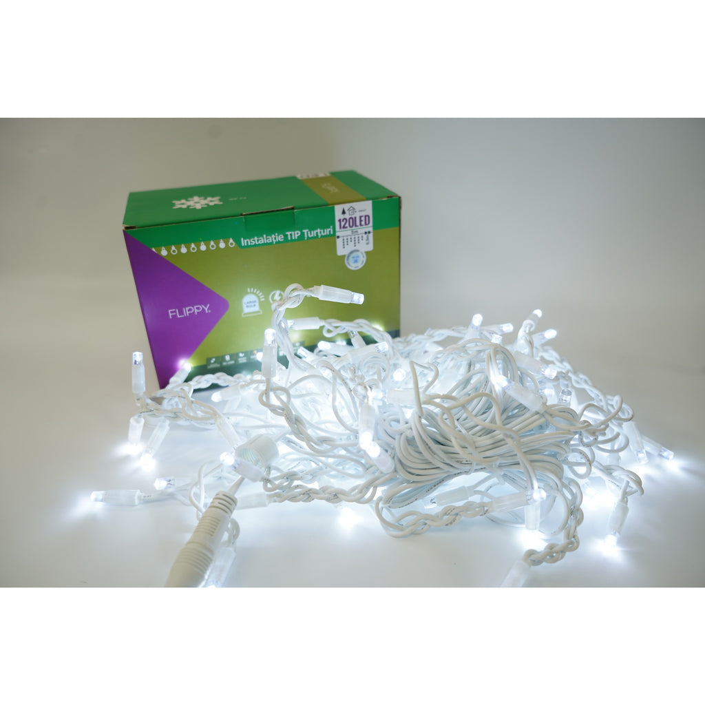 Instalatie de Craciun Flippy® Tip Franjuri cu Flash, IP65, Sectiune 5 m, 120 LED-uri, Interconectabila, Fir Alb, Alb Rece, Atentie! Nu contine Alimentator-0