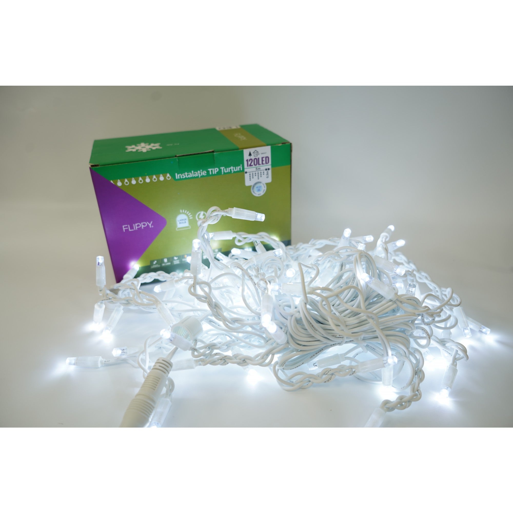 Instalatie de Craciun Flippy® Tip Franjuri cu Flash, IP65, Sectiune 5 m, 120 LED-uri, Interconectabila, Fir Alb, Alb Rece, Atentie! Nu contine Alimentator-0