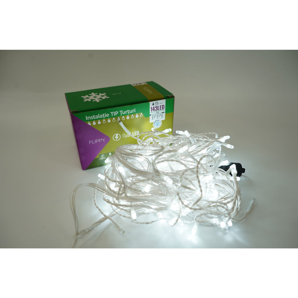 Instalatie de Craciun Flippy® Tip Franjuri cu Flash, Sectiune 5 m, 143 LED-uri, Interconectabila, Fir Alb, Alb Rece-0