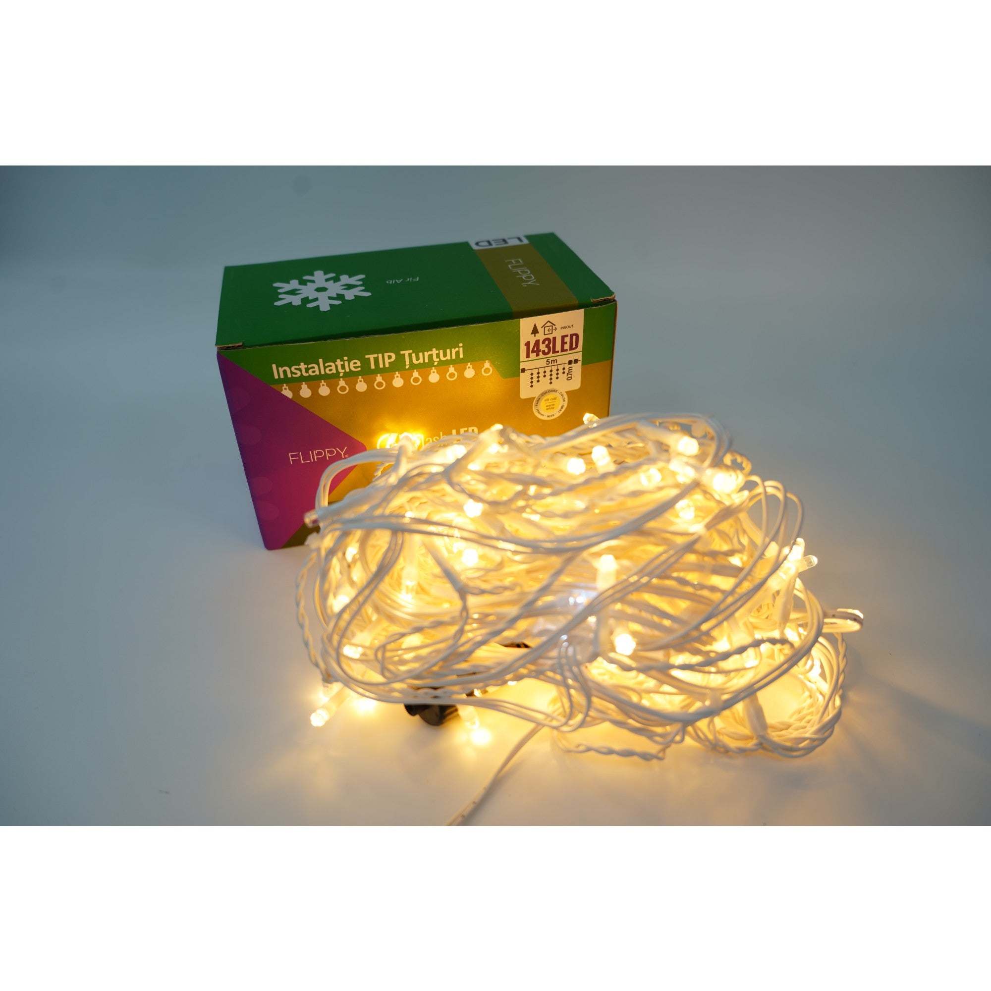 Instalatie de Craciun Flippy® Tip Franjuri cu Flash, Sectiune 5 m, 143 LED-uri, Interconectabila, Fir Alb, Alb Cald-1