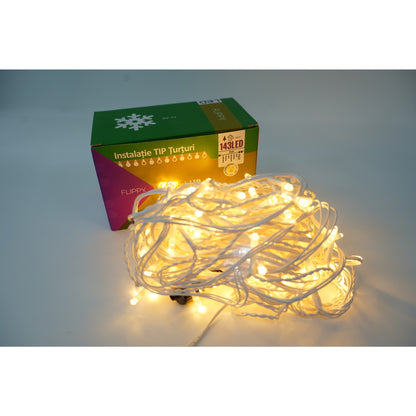 Instalatie de Craciun Flippy® Tip Franjuri cu Flash, Sectiune 5 m, 143 LED-uri, Interconectabila, Fir Alb, Alb Cald-1