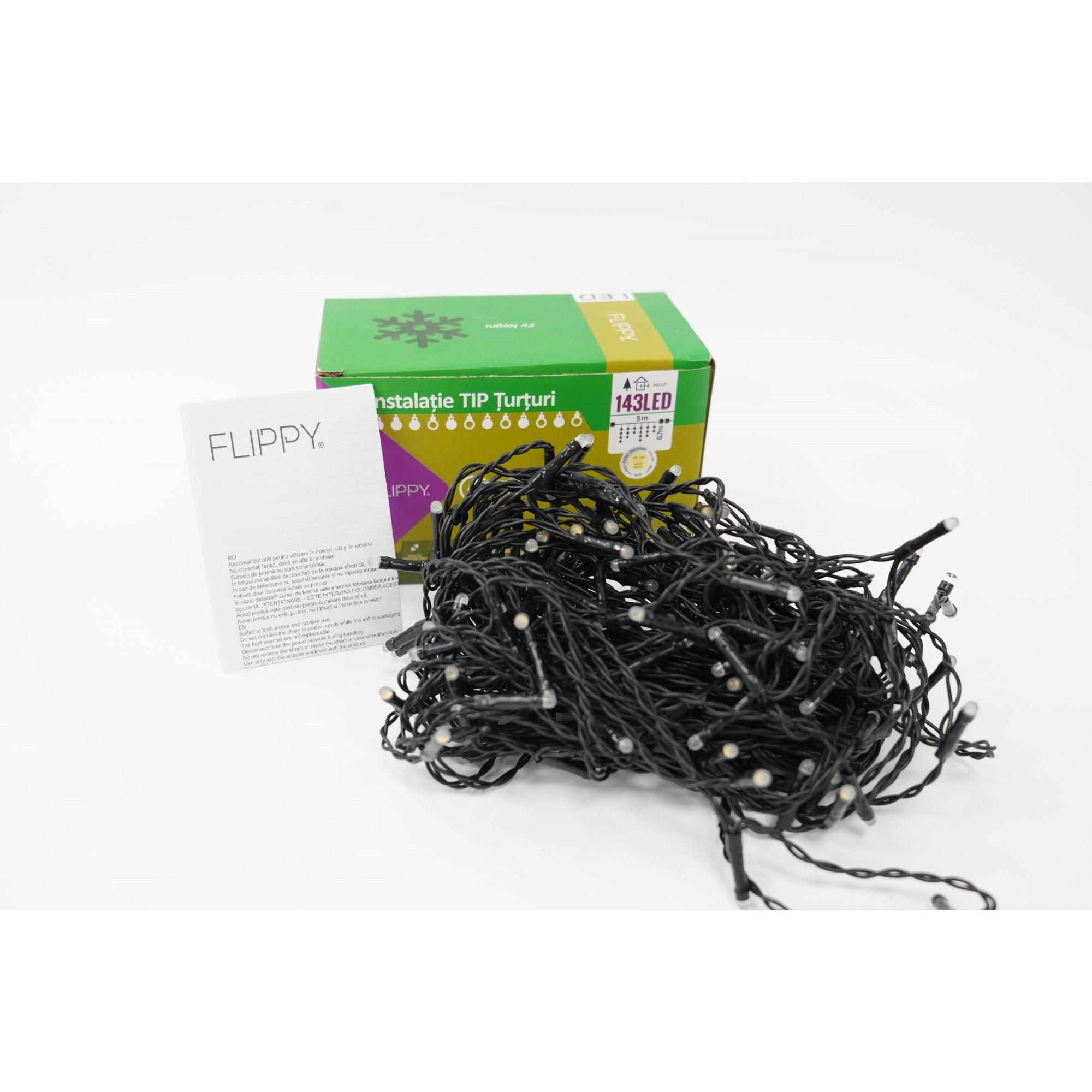 Instalatie de Craciun Flippy® Tip Franjuri cu Flash, Sectiune 5 m, 143 LED-uri, Interconectabila, Fir Negru, Alb Cald-1