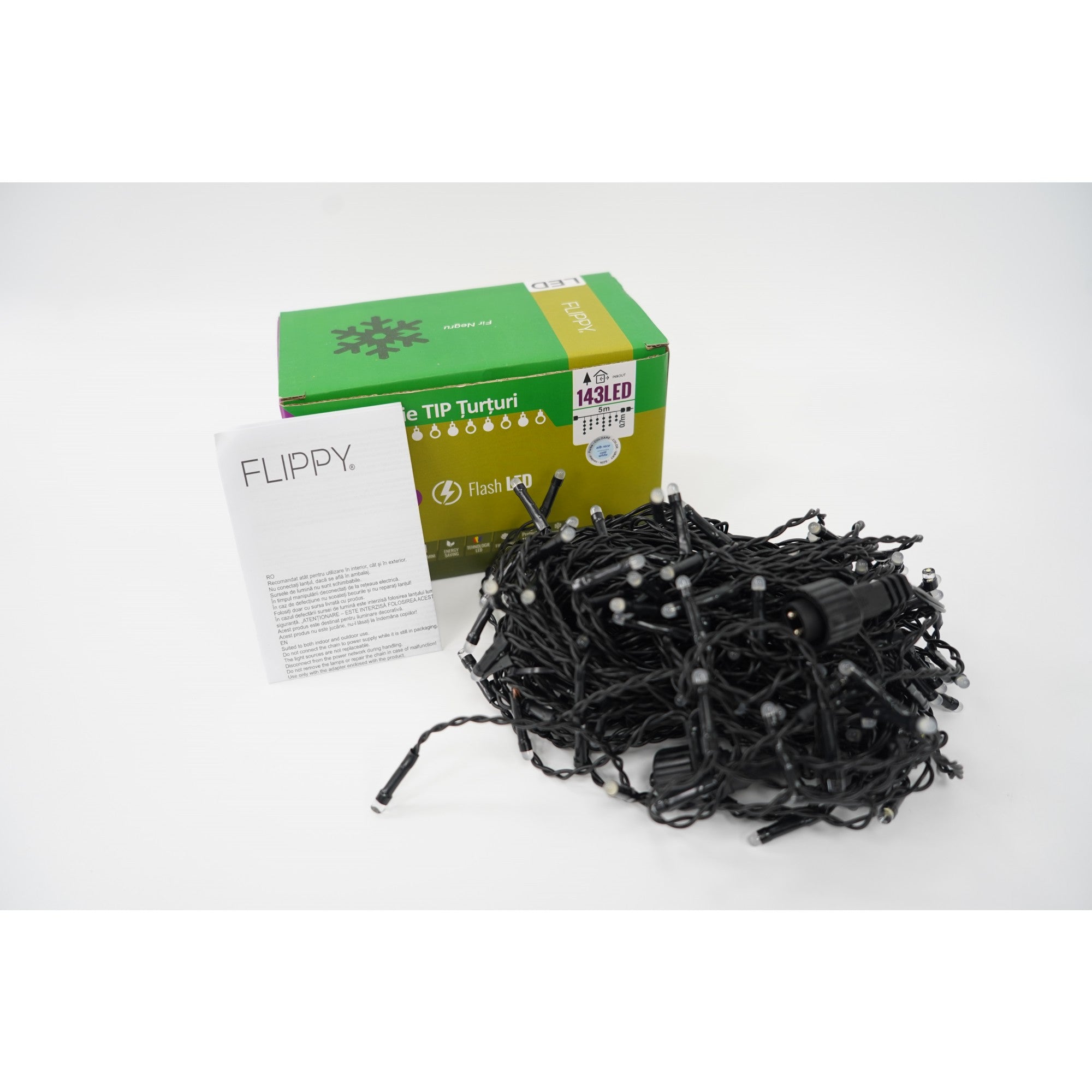 Instalatie de Craciun Flippy® Tip Franjuri cu Flash, Sectiune 5 m, 143 LED-uri, Interconectabila, Fir Negru, Alb Rece-0