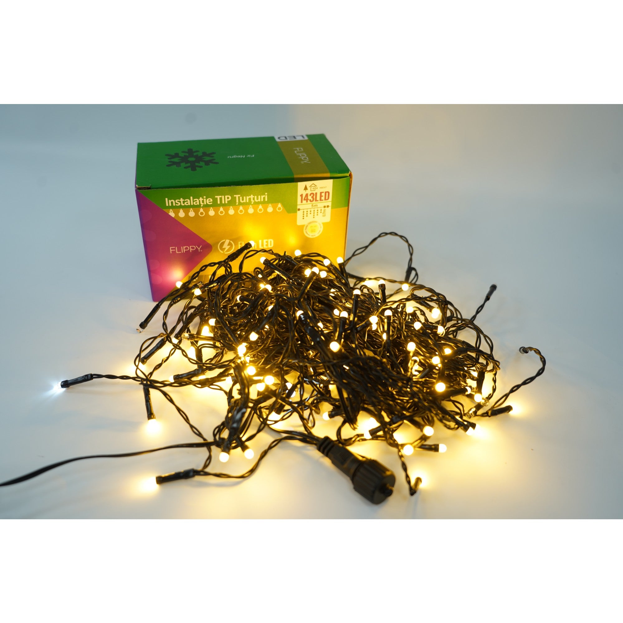 Instalatie de Craciun Flippy® Tip Franjuri cu Flash, Sectiune 5 m, 143 LED-uri, Interconectabila, Fir Negru, Alb Cald-0