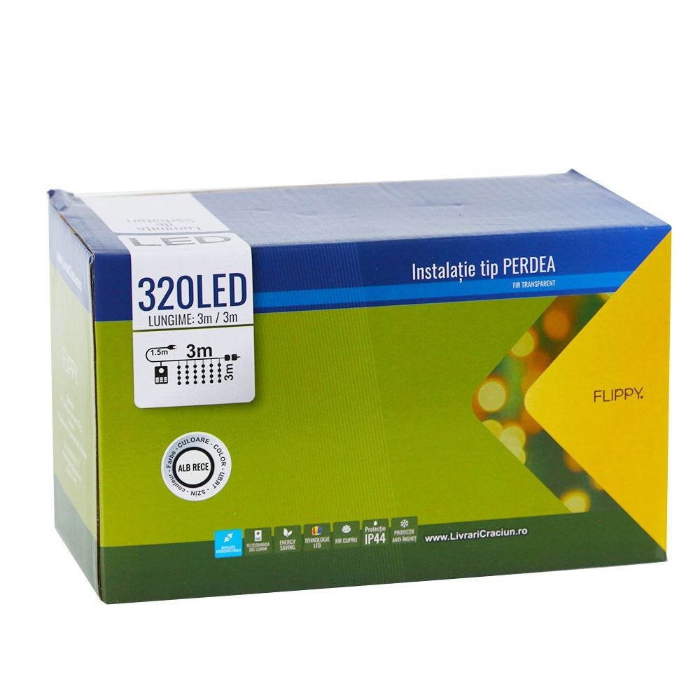 Instalatie de Craciun Flippy® Tip Perdea, 3 x 3 m, 320 LED-uri, Interconectabila, Alb Rece-4
