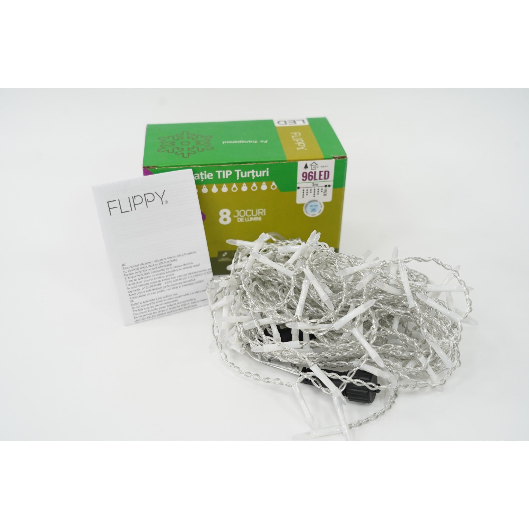 Instalatie de Craciun Flippy® Tip Turturi, 8 jocuri de lumini Sectiune 3 m, 96 LED-uri, Interconectabila, Fir Transparent, Alb Rece-3