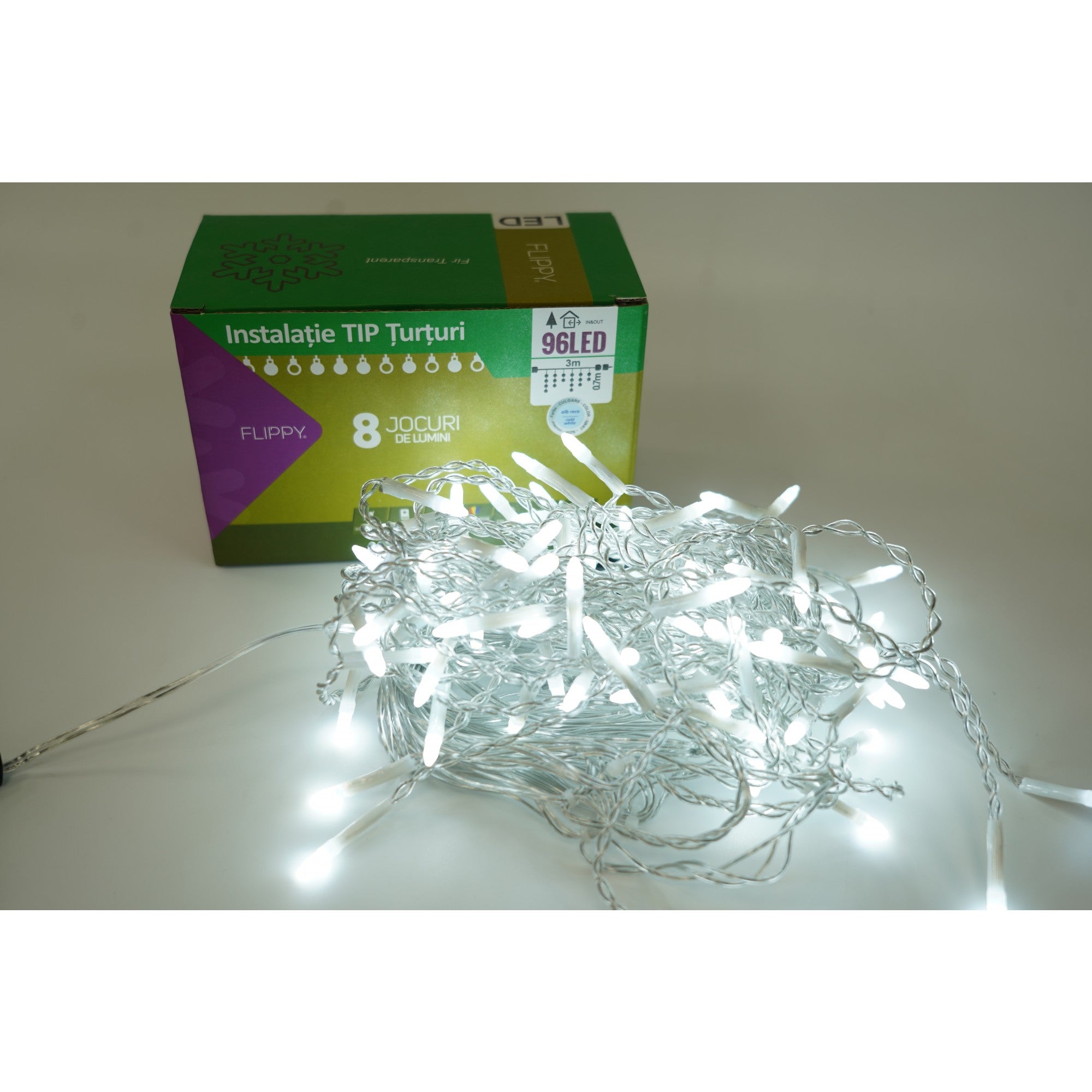 Instalatie de Craciun Flippy® Tip Turturi, 8 jocuri de lumini Sectiune 3 m, 96 LED-uri, Interconectabila, Fir Transparent, Alb Rece-0