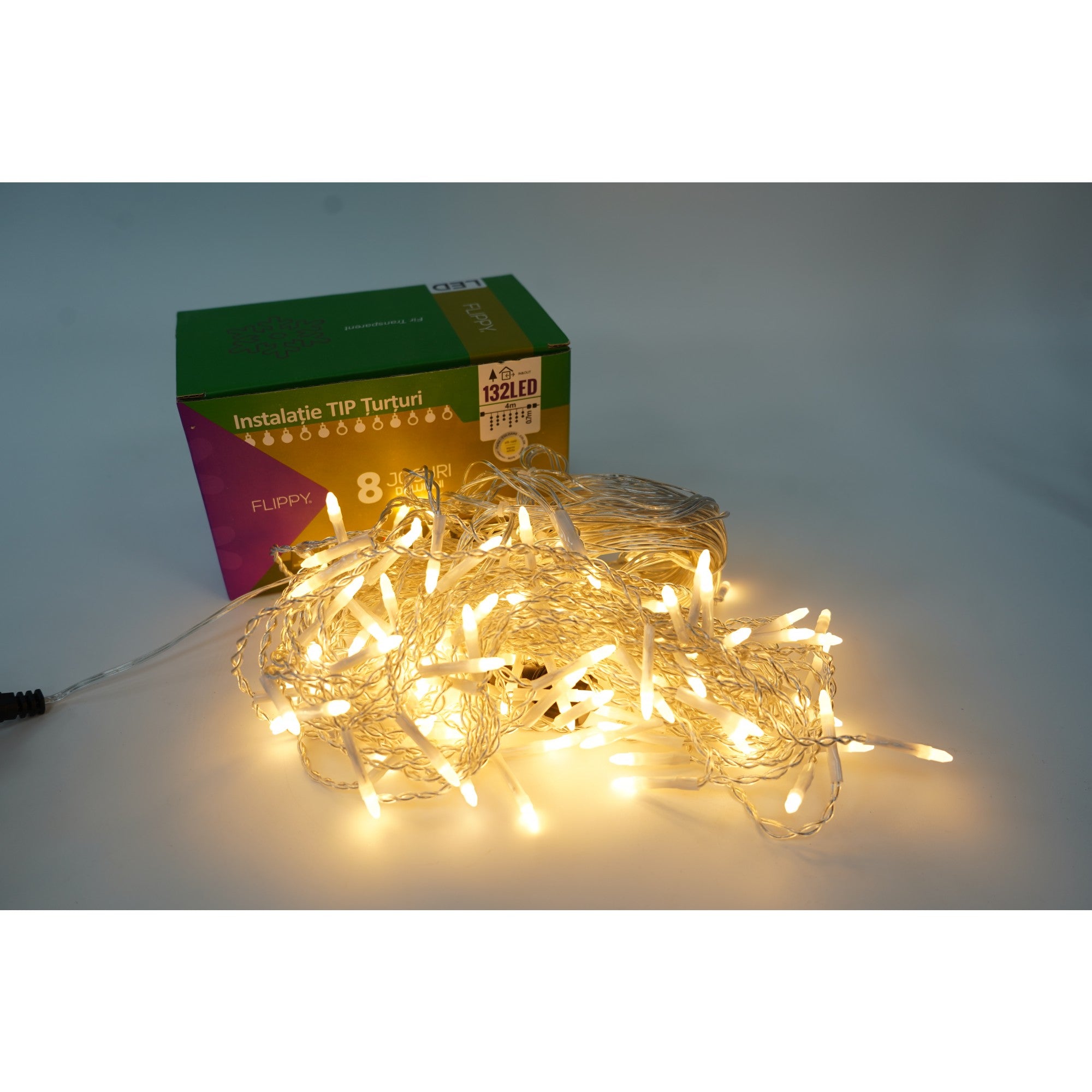 Instalatie de Craciun Flippy® Tip Turturi, 8 jocuri de lumini Sectiune 4 m, 132 LED-uri, Interconectabila, Fir Transparent, Alb Cald-5