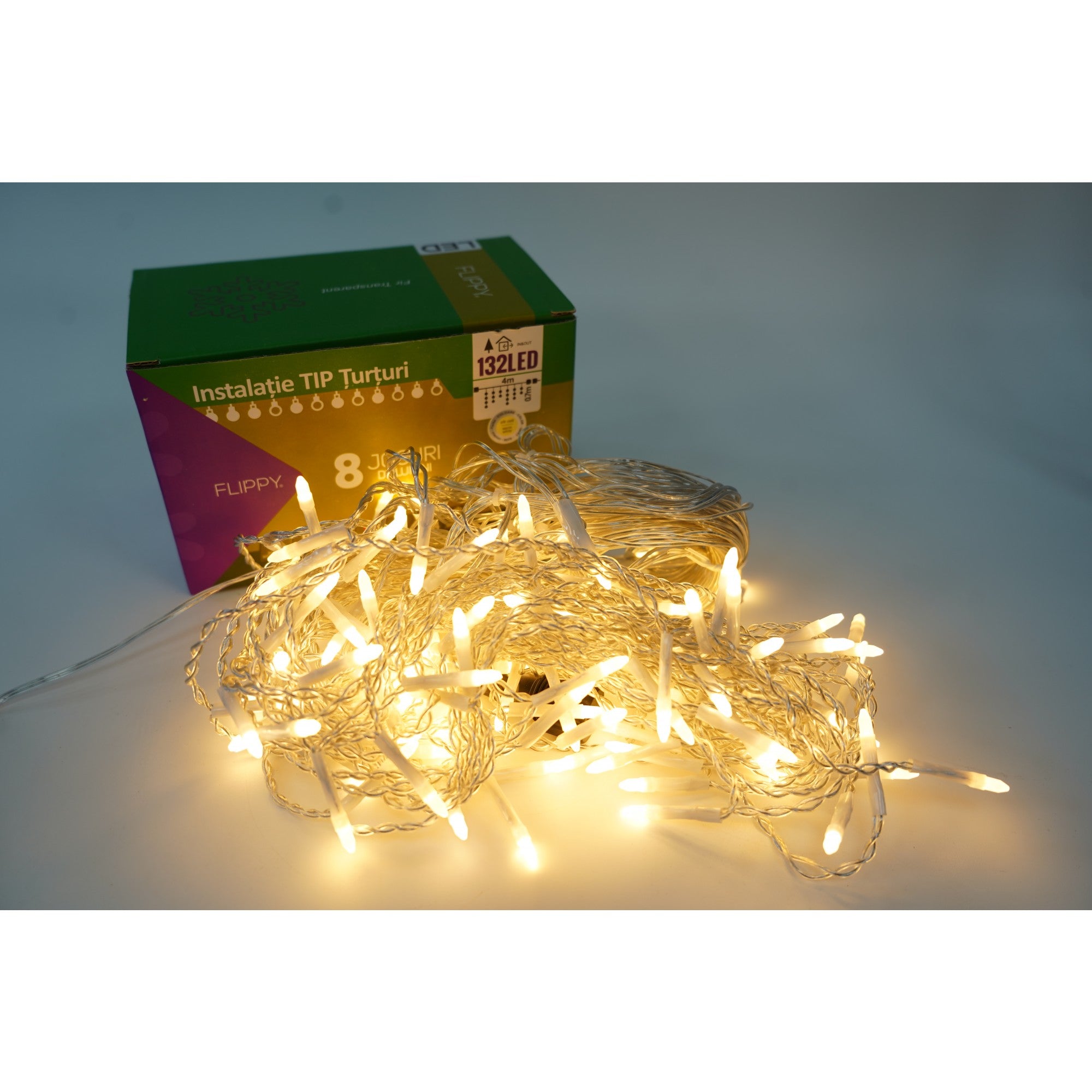 Instalatie de Craciun Flippy® Tip Turturi, 8 jocuri de lumini Sectiune 4 m, 132 LED-uri, Interconectabila, Fir Transparent, Alb Cald-0