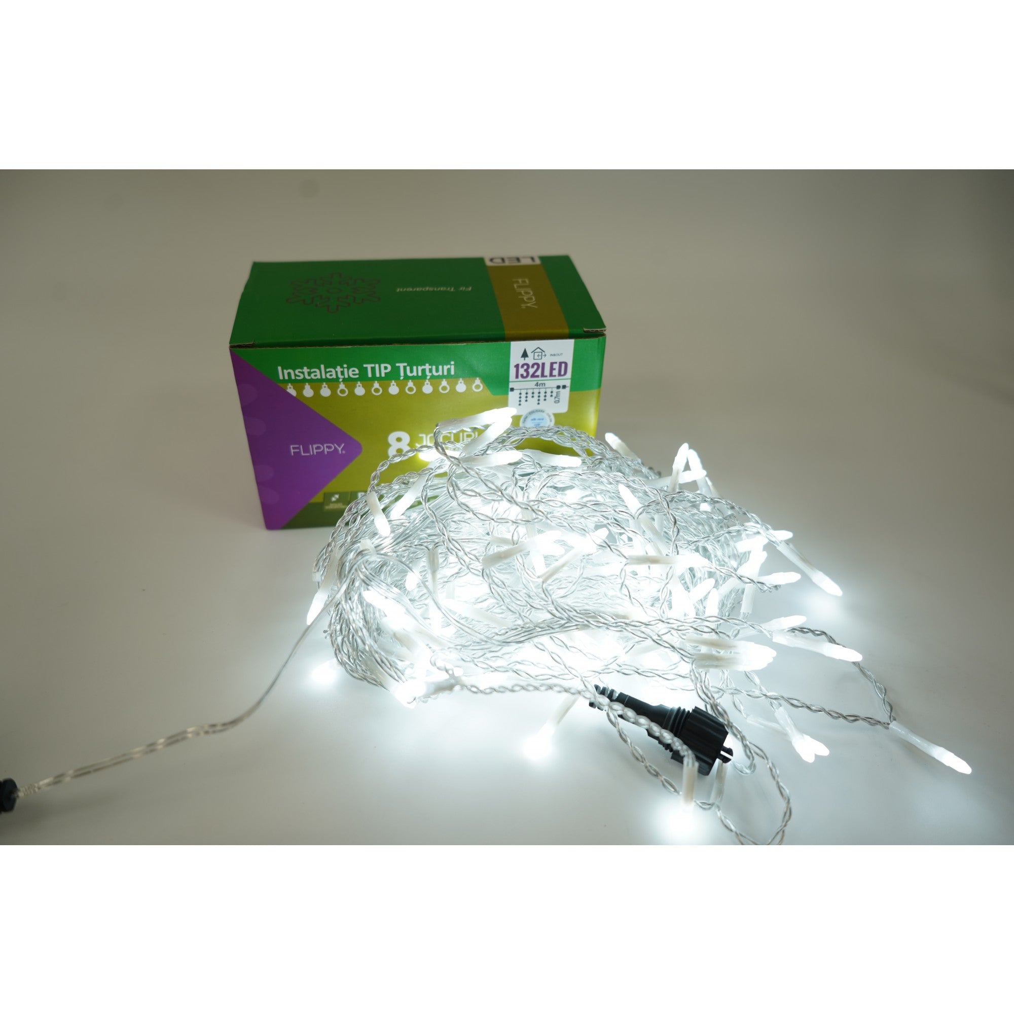 Instalatie de Craciun Flippy® Tip Turturi, 8 jocuri de lumini Sectiune 4 m, 132 LED-uri, Interconectabila, Fir Transparent, Alb Rece-0