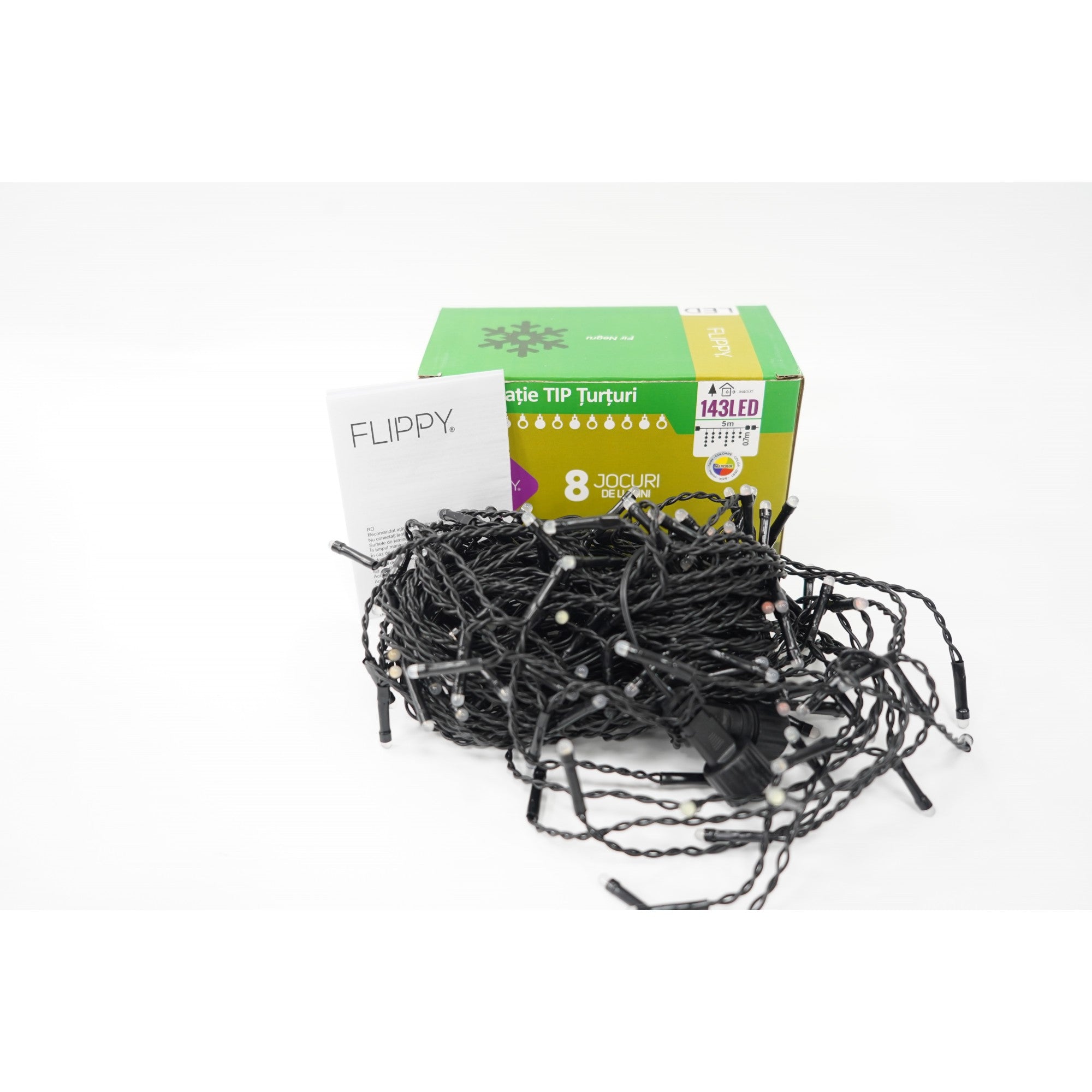 Instalatie de Craciun Flippy® Tip Turturi, 8 jocuri de lumini Sectiune 5 m, 143 LED-uri, Interconectabila, Fir Negru, Multicolor-0