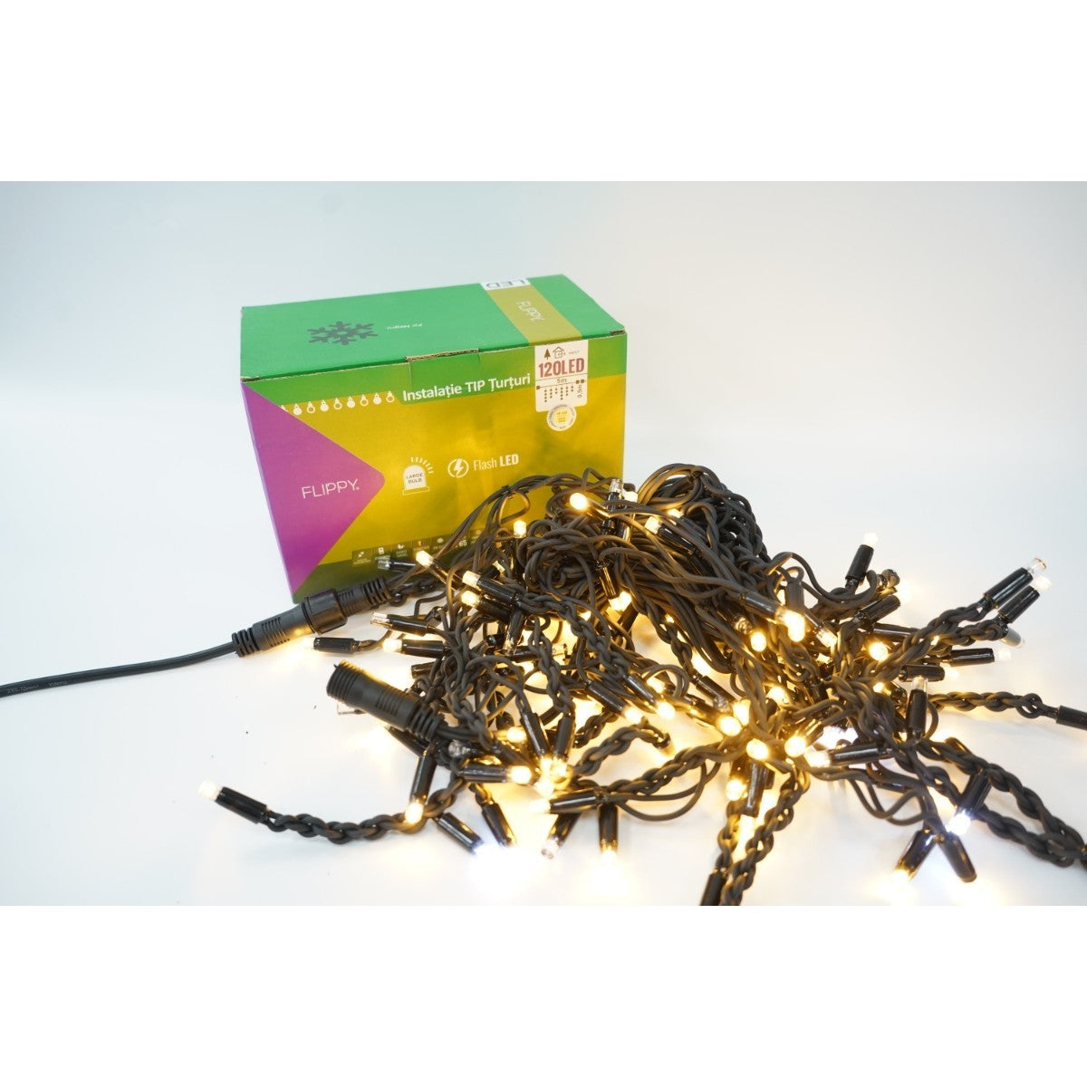 Sectiune Instalatie de Craciun Flippy® Tip Turturi, Franjuri cu Flash, IP65, Sectiune 5 m, 120 LED-uri, Interconectabila, Fir Negru, Alb Cald, Atentie! fara Alimentator-1