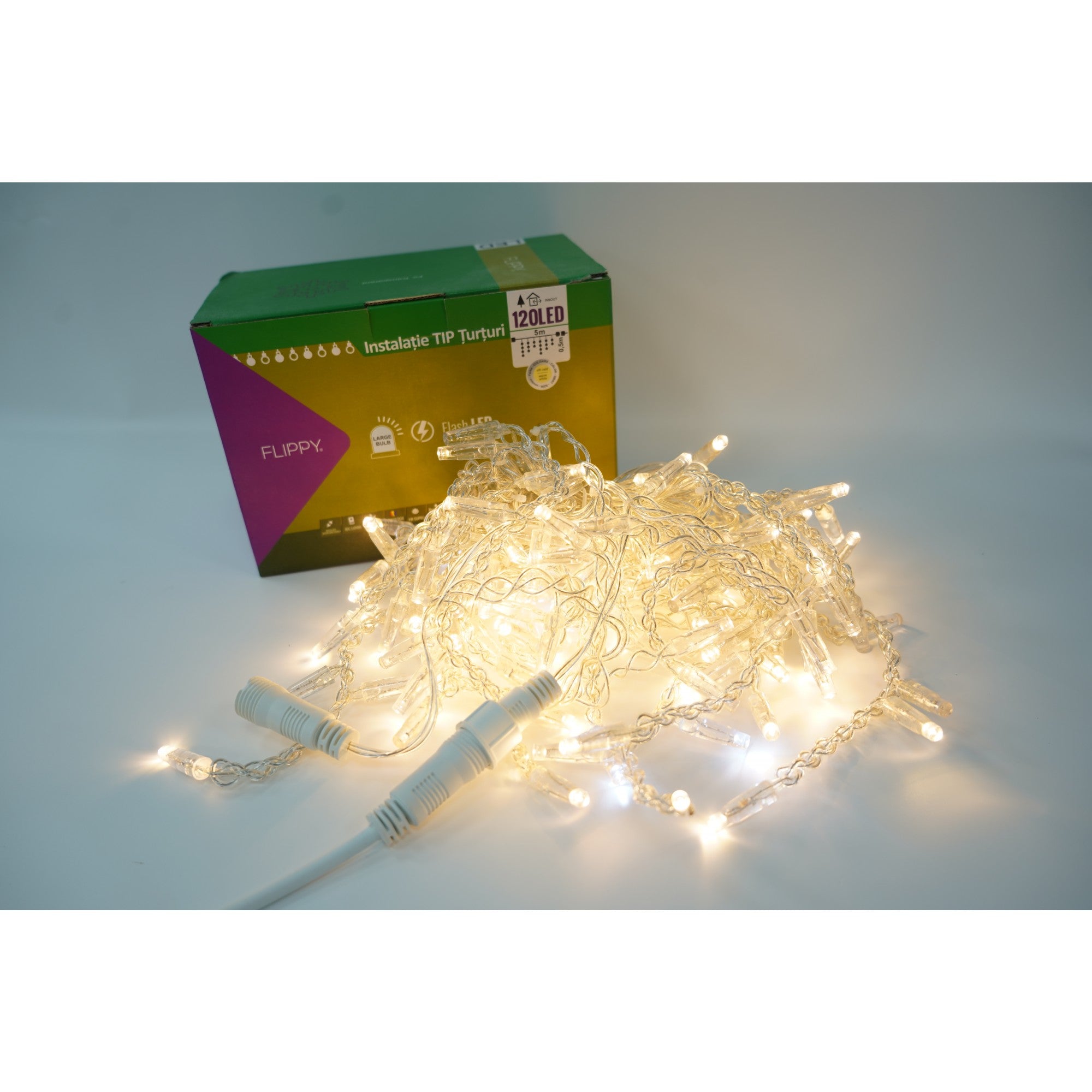 Instalatie de Craciun Flippy® Tip Turturi, Franjuri cu Flash, IP65, Sectiune 5 m, 120 LED-uri, Interconectabila, Fir Transparent, Alb Cald, Interior/Exterior-0