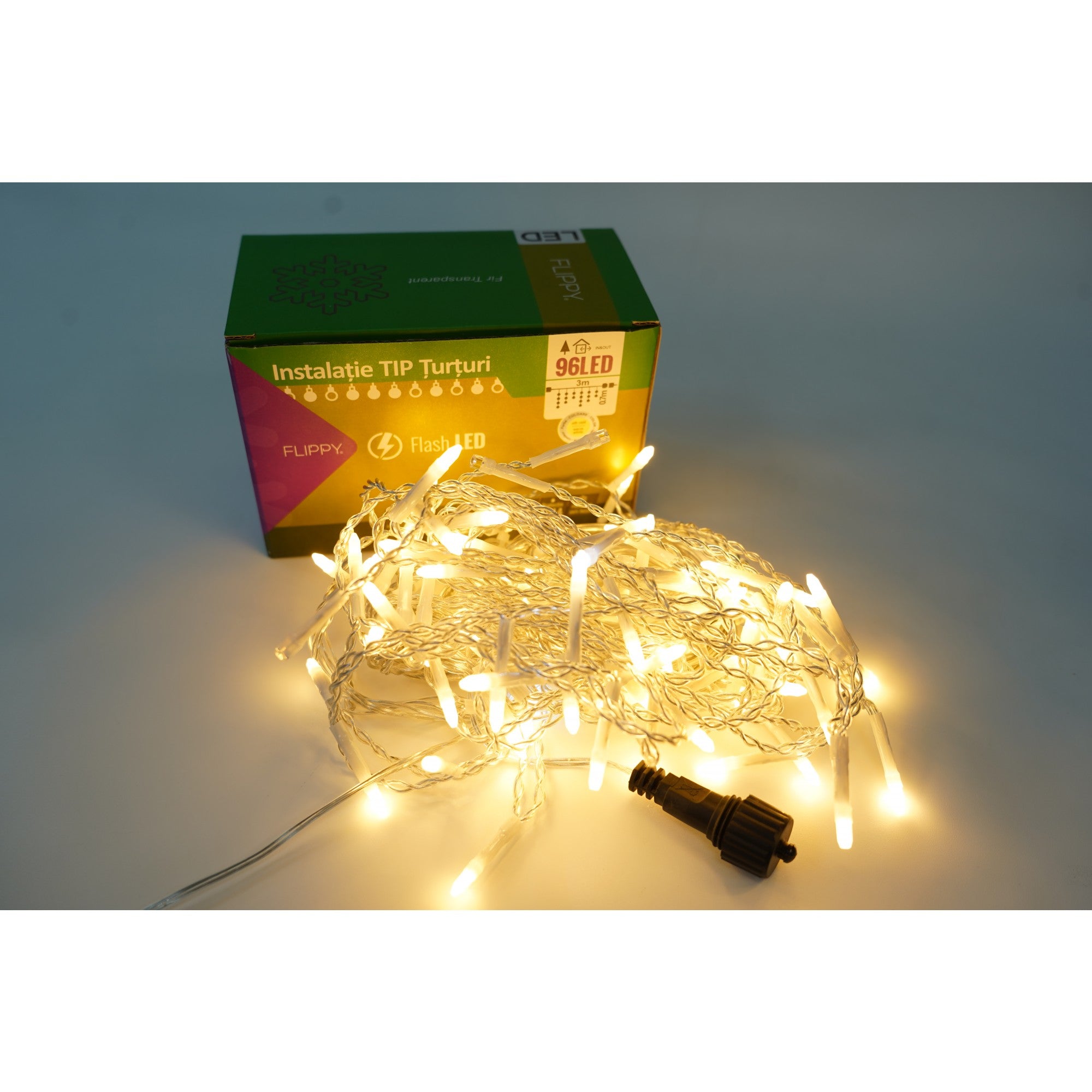 Instalatie de Craciun Flippy® Tip Turturi, Franjuri cu Flash, Sectiune 3 m, 96 LED-uri, Interconectabila, Fir Transparent, Alb Cald-0