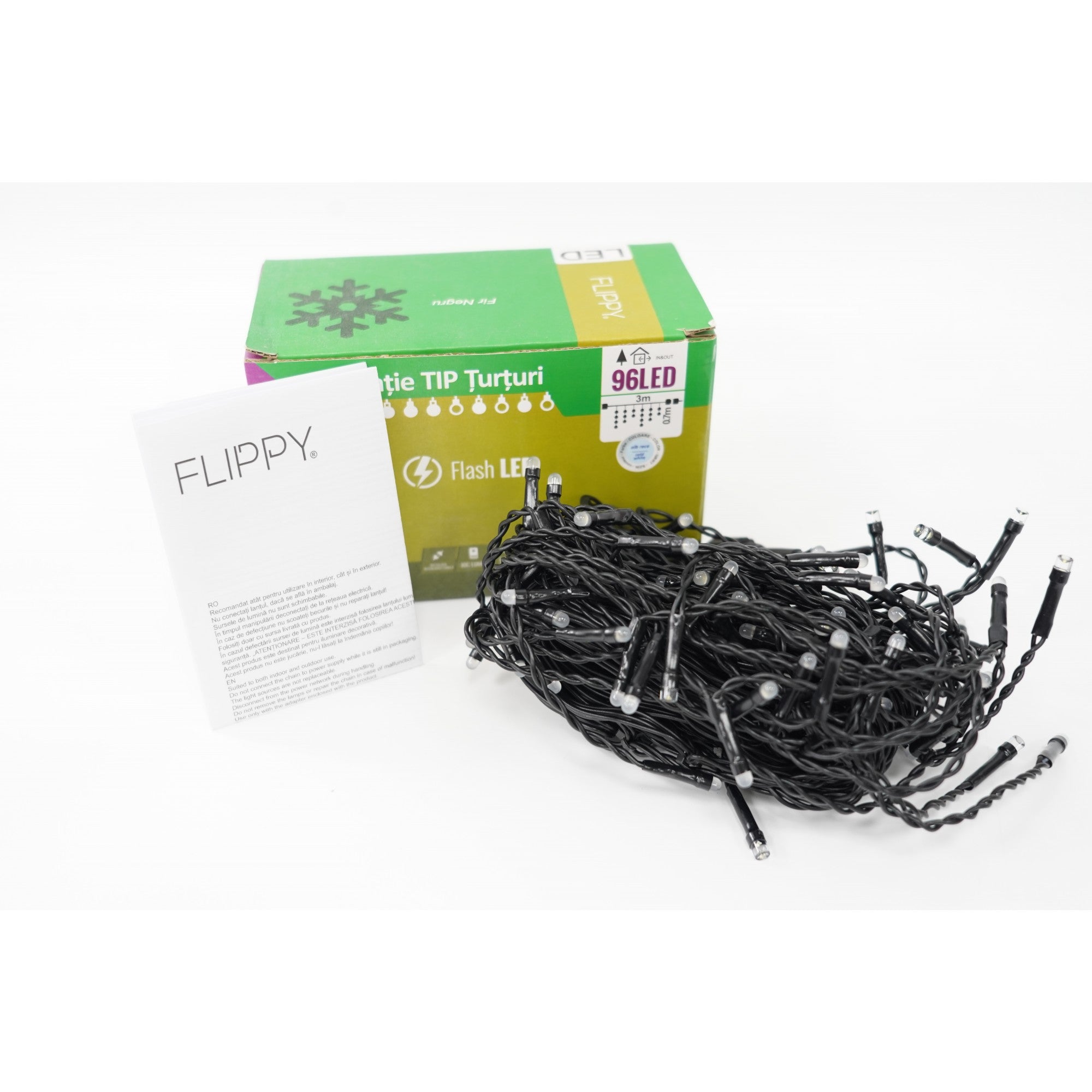 Instalatie de Craciun Flippy® Tip Turturi, Franjuri cu Flash, Sectiune 3 m, 96 LED-uri, Interconectabila, Fir Negru, Alb Rece-0