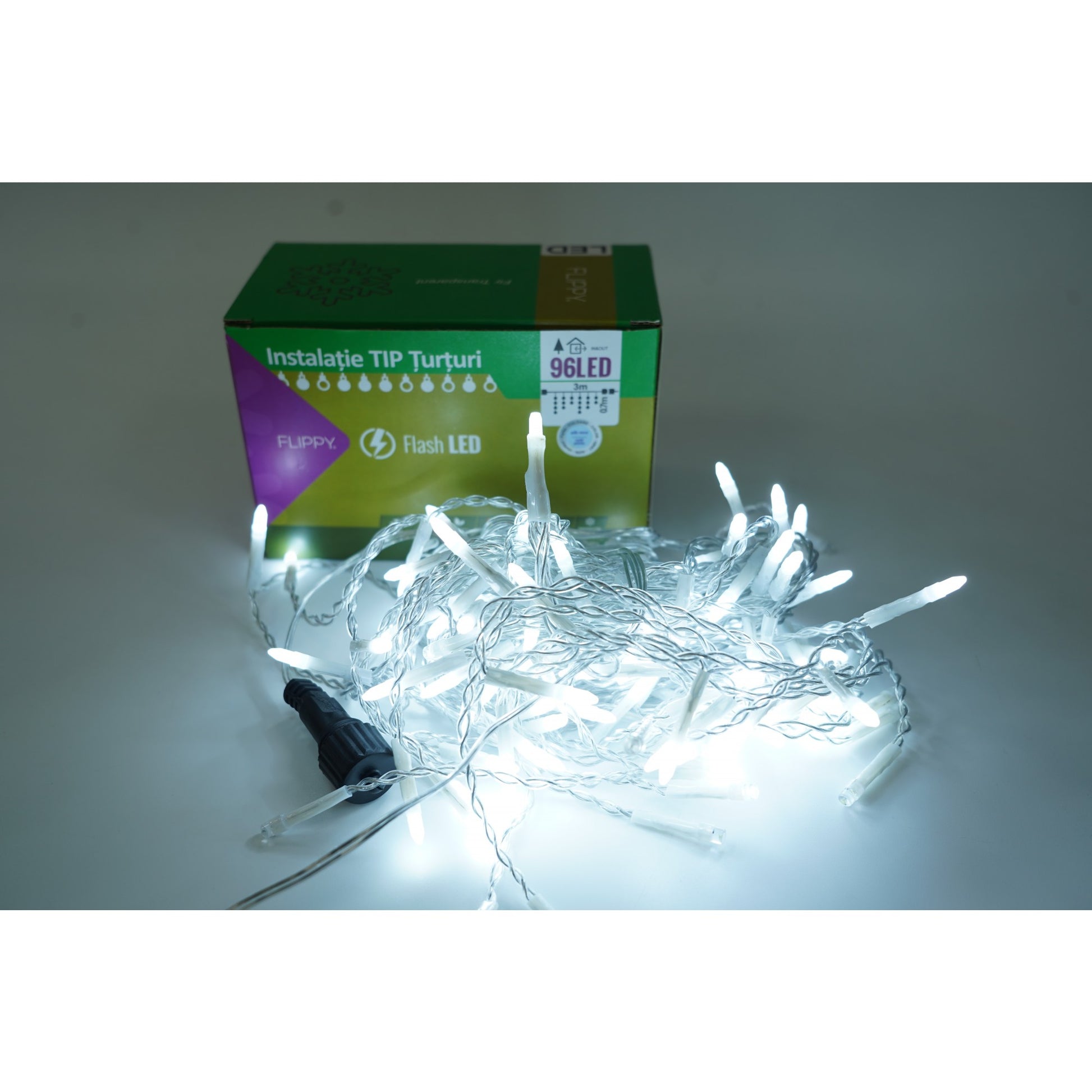 Instalatie de Craciun Flippy® Tip Turturi, Franjuri cu Flash, Sectiune 3 m, 96 LED-uri, Interconectabila, Fir Transparent, Alb Rece-0