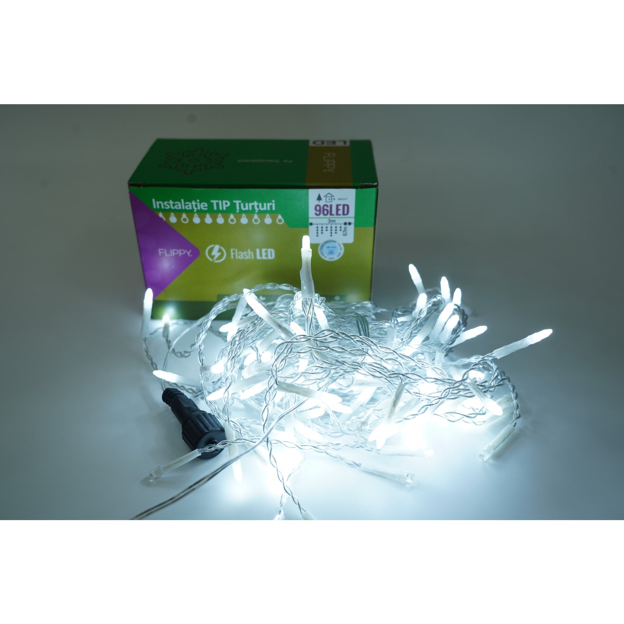 Instalatie de Craciun Flippy® Tip Turturi, Franjuri cu Flash, Sectiune 3 m, 96 LED-uri, Interconectabila, Fir Transparent, Alb Rece-0