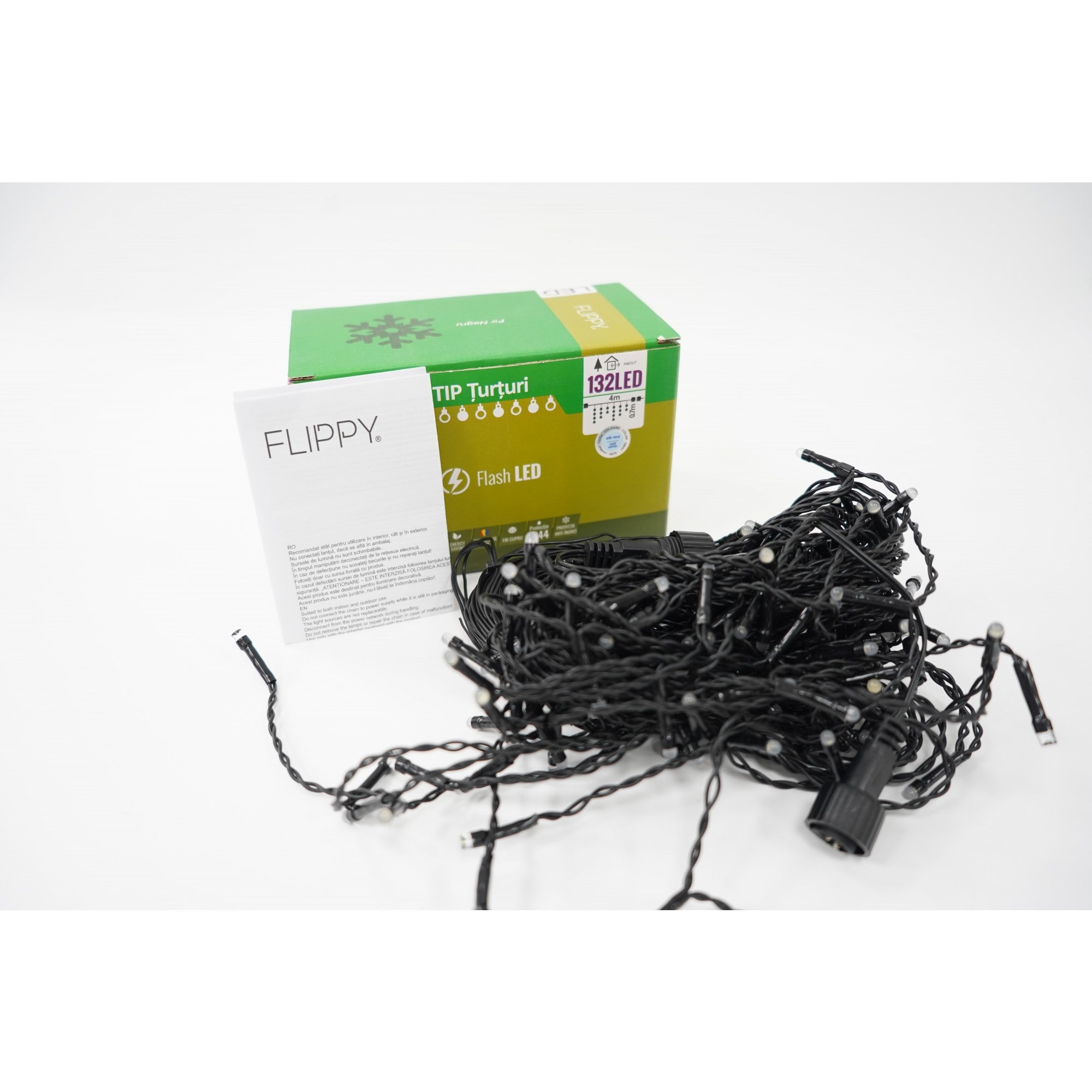 Instalatie de Craciun Flippy® Tip Turturi, Franjuri cu Flash, Sectiune 4 m, 132 LED-uri, Interconectabila, Fir Negru, Alb Rece-1