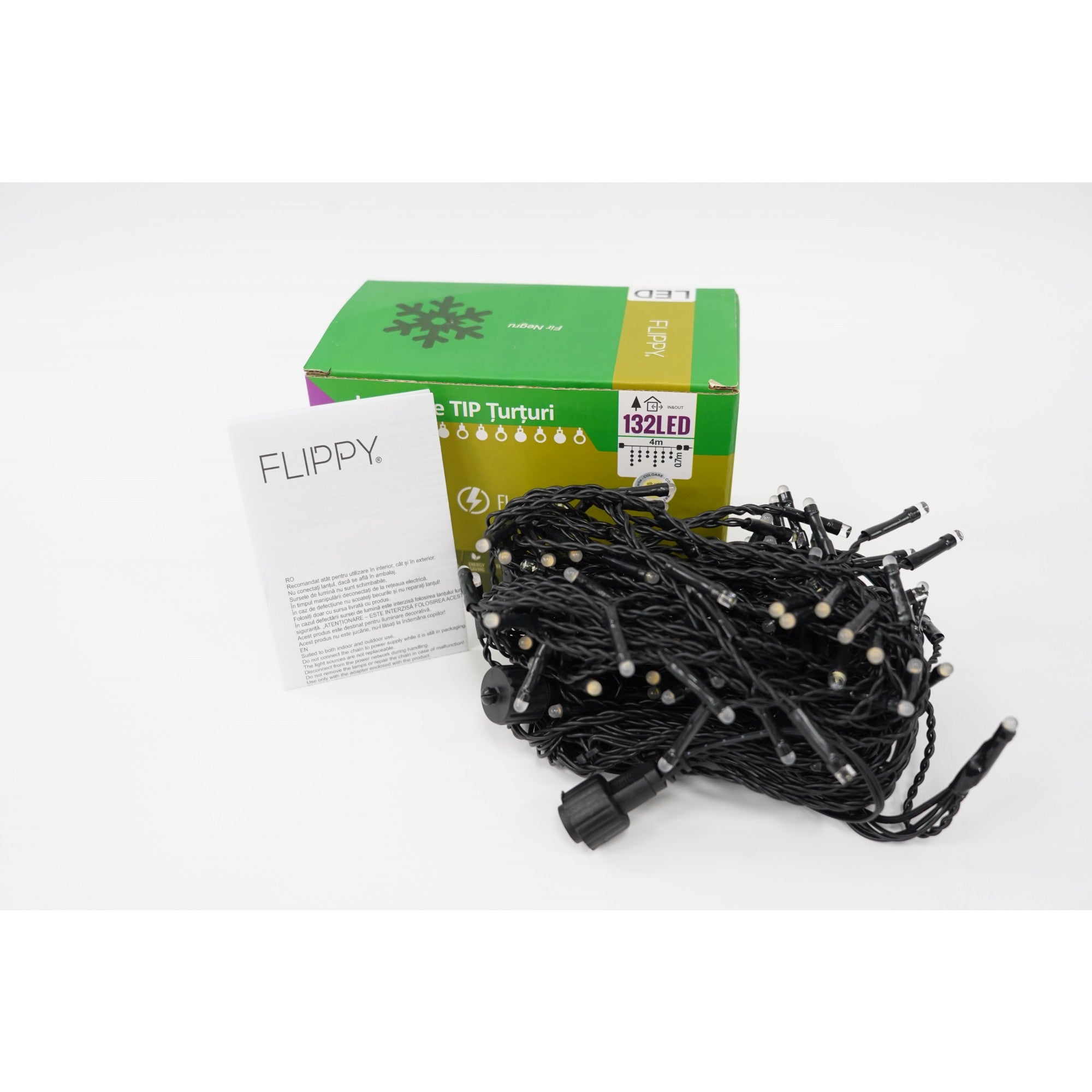 Instalatie de Craciun Flippy® Tip Turturi, Franjuri cu Flash, Sectiune 4 m, 132 LED-uri, Interconectabila, Fir Negru, Alb Cald-1