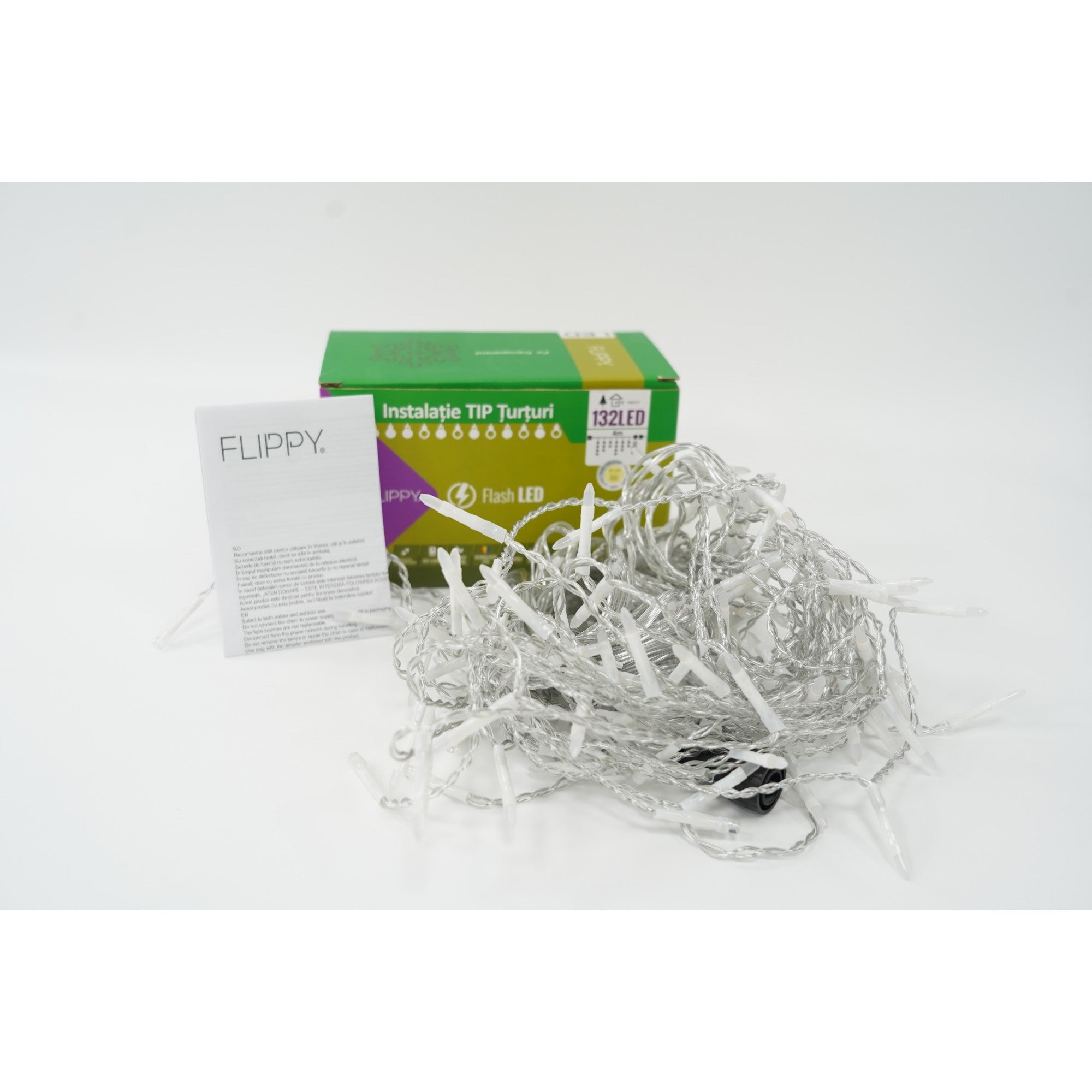 Instalatie de Craciun Flippy® Tip Turturi, Franjuri cu Flash, Sectiune 4 m, 132 LED-uri, Interconectabila, Fir Transparent, Alb Cald-1