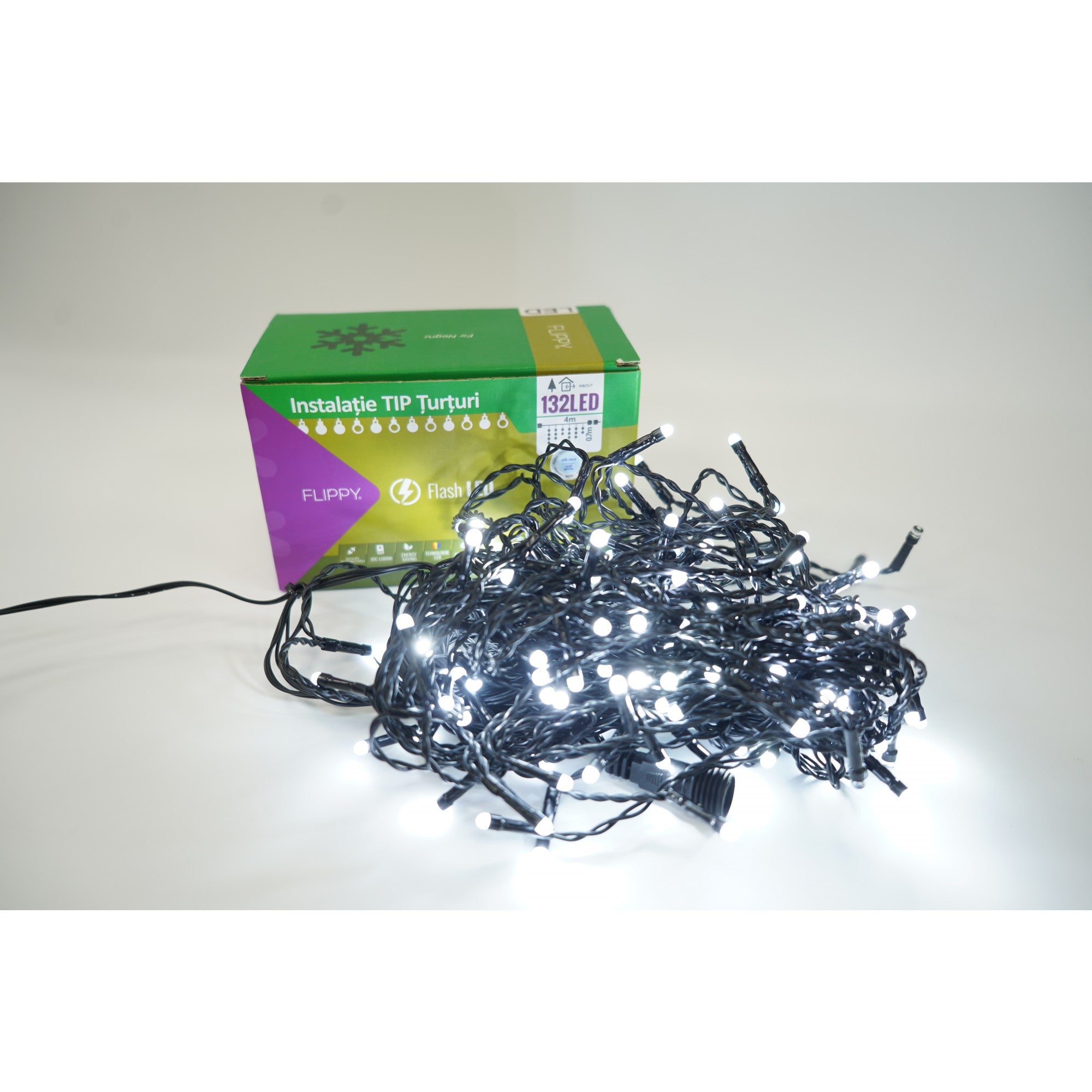 Instalatie de Craciun Flippy® Tip Turturi, Franjuri cu Flash, Sectiune 4 m, 132 LED-uri, Interconectabila, Fir Negru, Alb Rece-0