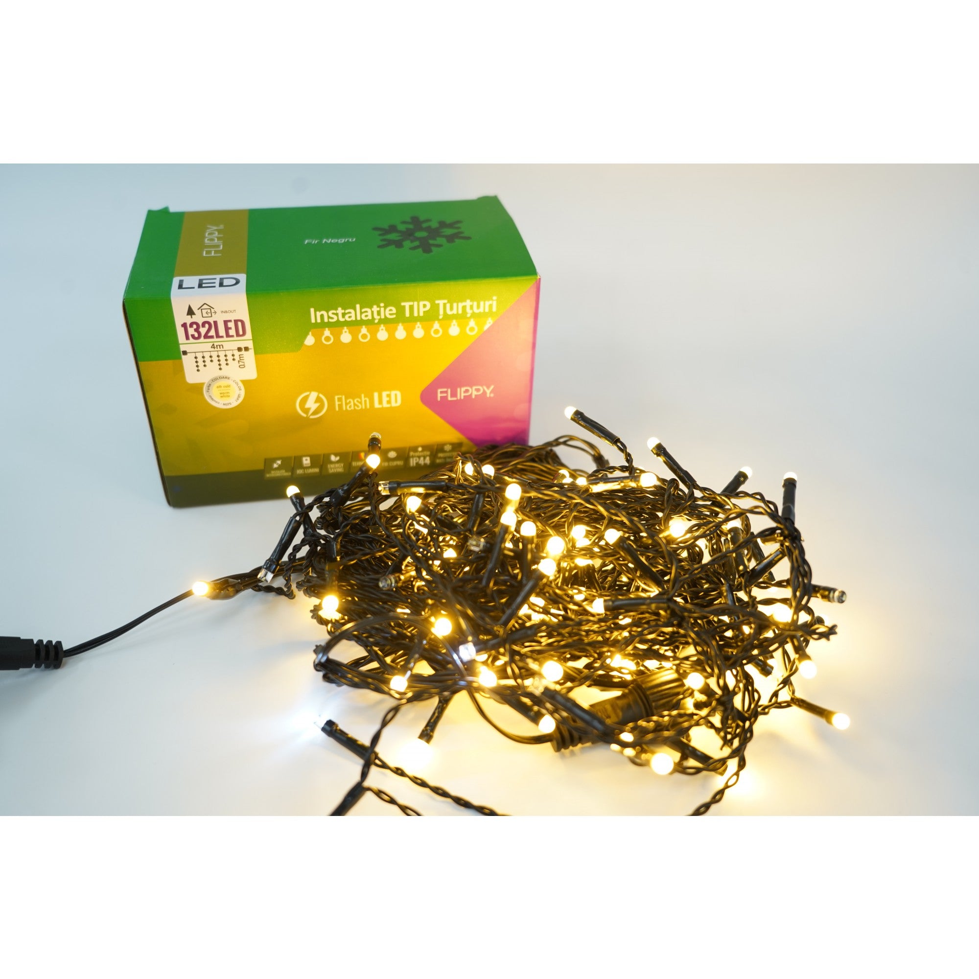 Instalatie de Craciun Flippy® Tip Turturi, Franjuri cu Flash, Sectiune 4 m, 132 LED-uri, Interconectabila, Fir Negru, Alb Cald-0