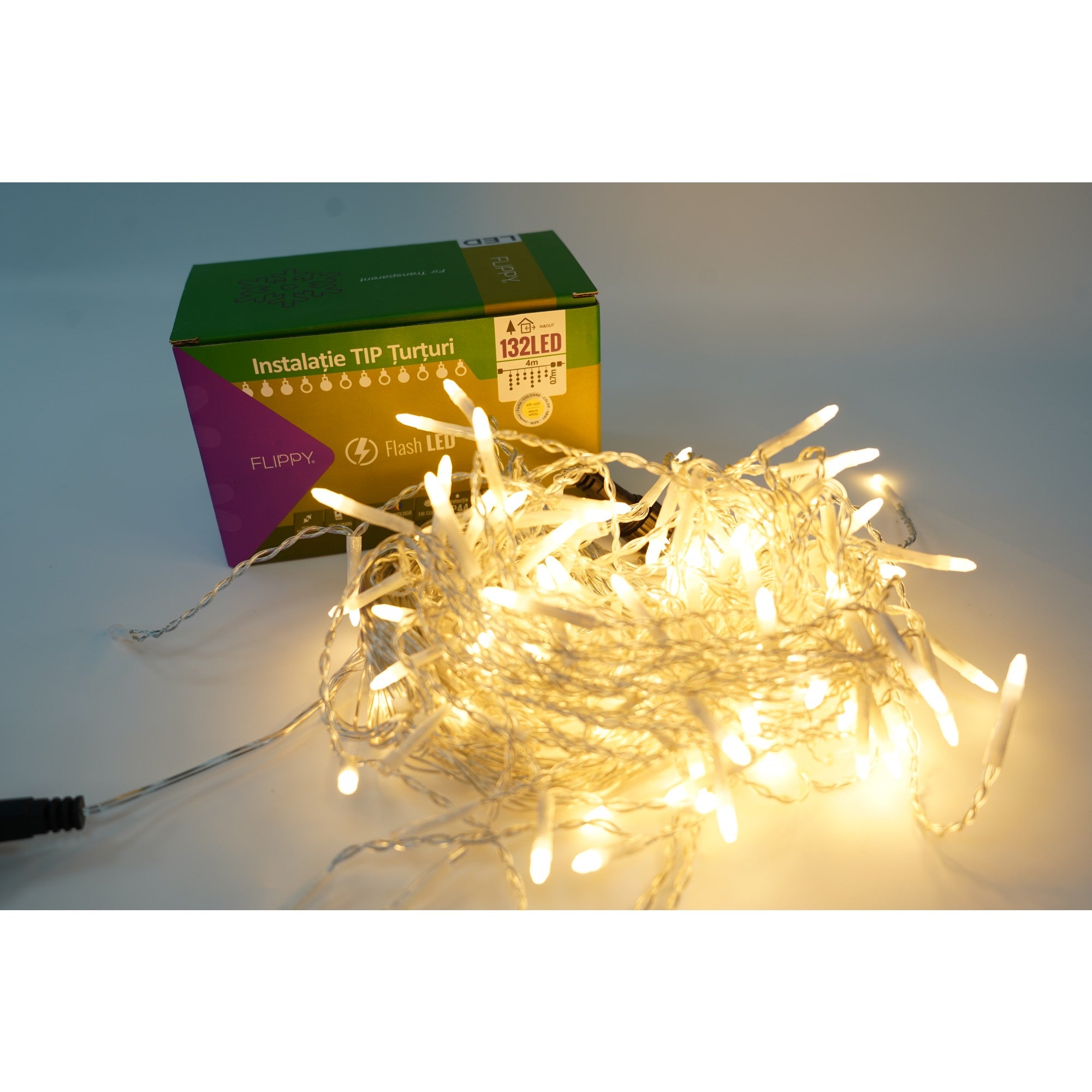Instalatie de Craciun Flippy® Tip Turturi, Franjuri cu Flash, Sectiune 4 m, 132 LED-uri, Interconectabila, Fir Transparent, Alb Cald-0