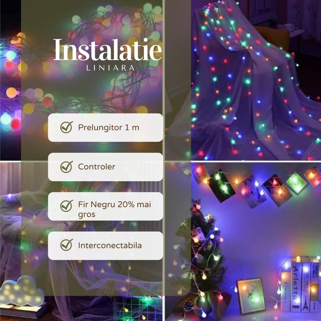 Instalatie de Craciun Liniara RGRB Yoto, 10 m, din care 1 m Prelungitor 220V, 40 LED, Bilute Mate, Interconectabila, Utilizare Interior/Exterior, Fir Negru, multicolor-1