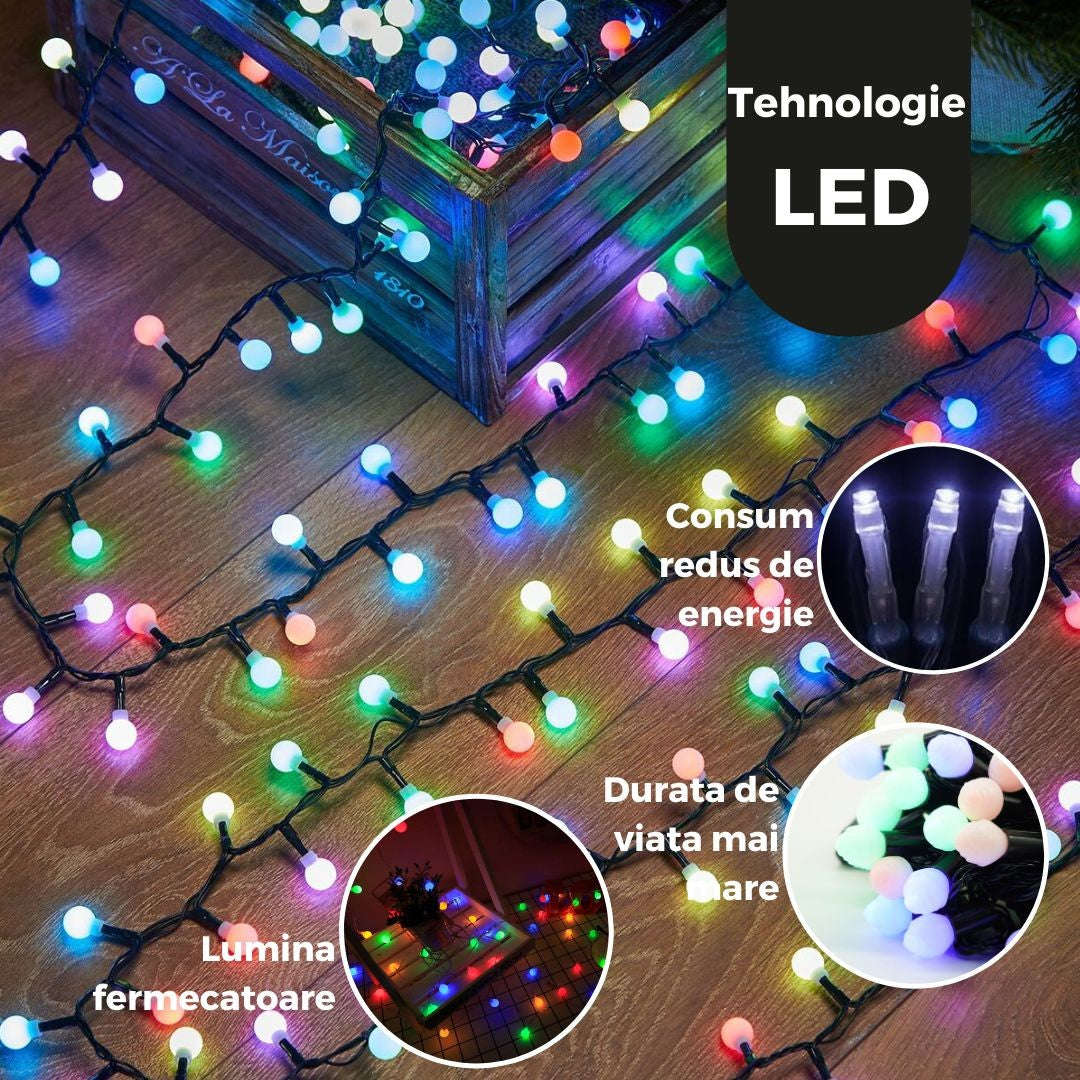 Instalatie de Craciun Liniara RGRB Yoto, 10 m, din care 1 m Prelungitor 220V, 40 LED, Bilute Mate, Interconectabila, Utilizare Interior/Exterior, Fir Negru, multicolor-2