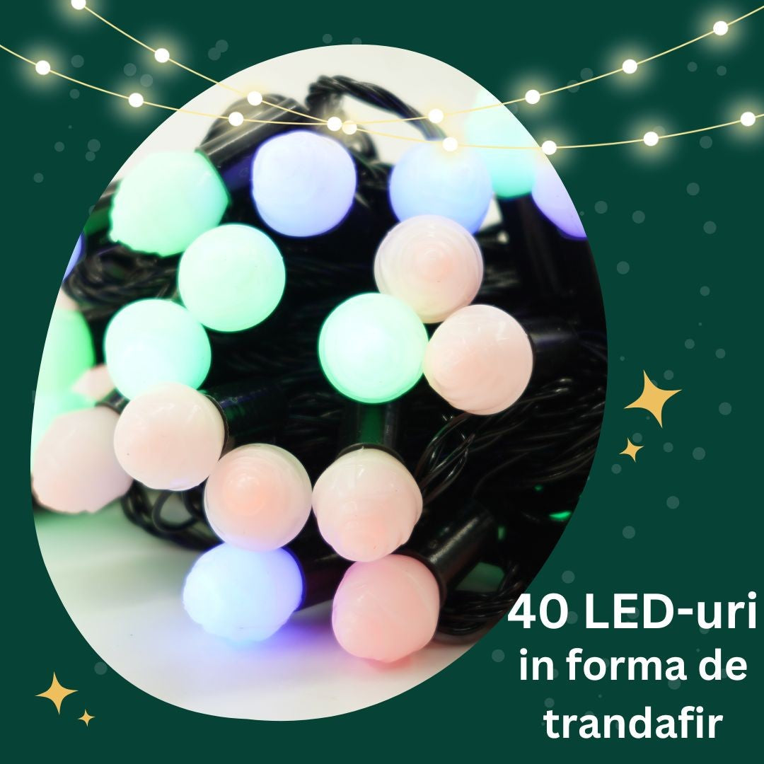 Instalatie de Craciun Liniara RGRB Yoto, 10 m, din care 1 m Prelungitor 220V, 40 LED, Bilute Mate, Interconectabila, Utilizare Interior/Exterior, Fir Negru, multicolor-3