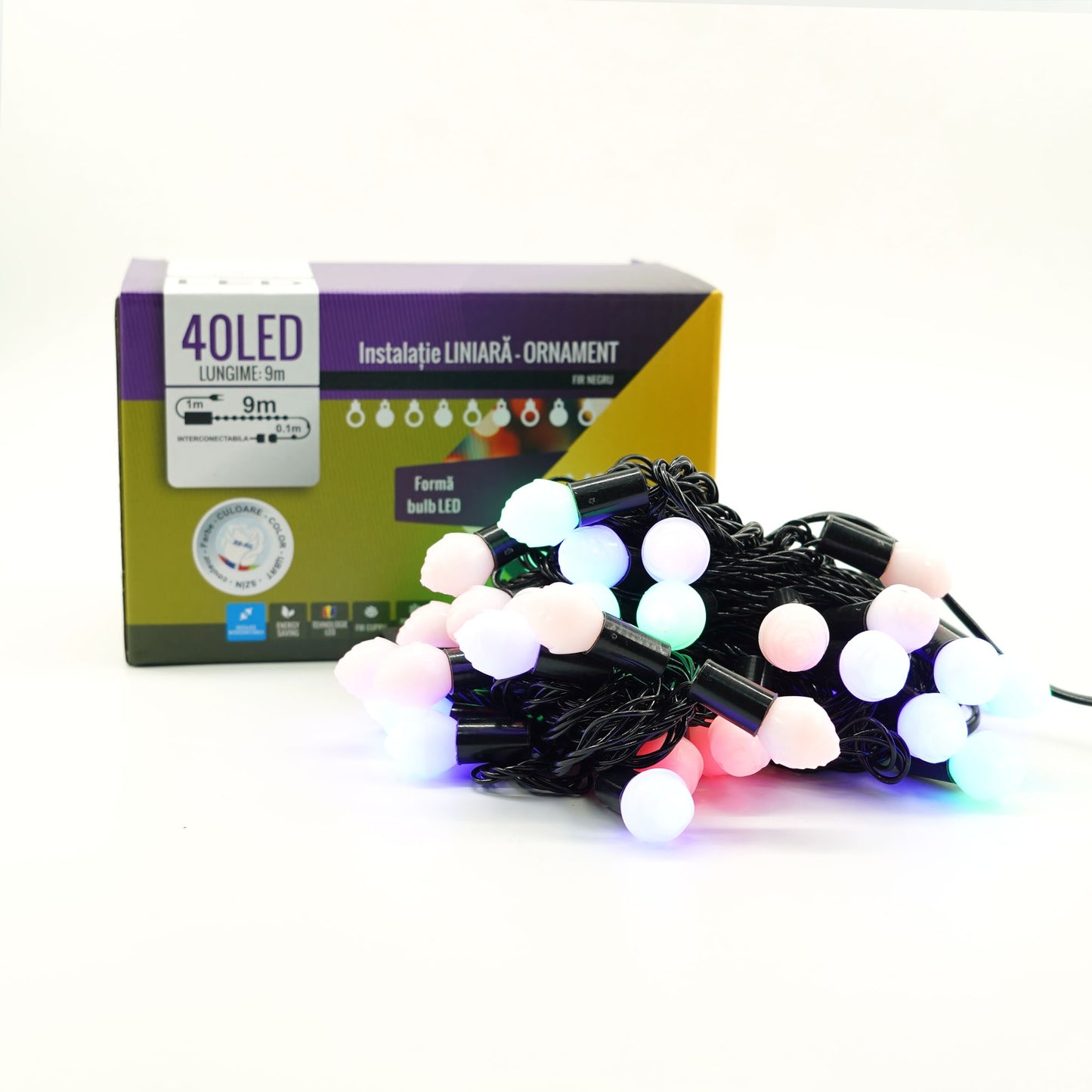 Instalatie de Craciun Liniara RGRB Yoto, 10 m, din care 1 m Prelungitor 220V, 40 LED, Bilute Mate, Interconectabila, Utilizare Interior/Exterior, Fir Negru, multicolor-4