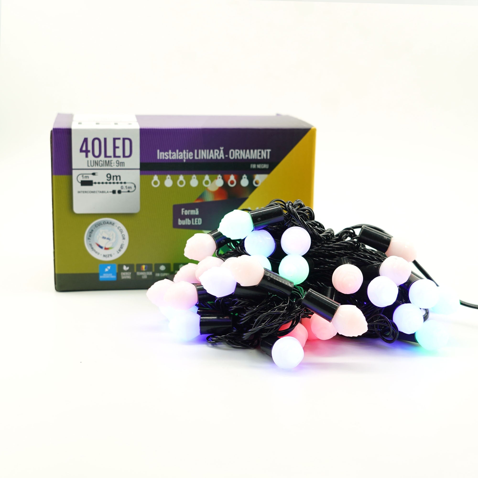 Instalatie de Craciun Liniara RGRB Yoto, 10 m, din care 1 m Prelungitor 220V, 40 LED, Bilute Mate, Interconectabila, Utilizare Interior/Exterior, Fir Negru, multicolor-4