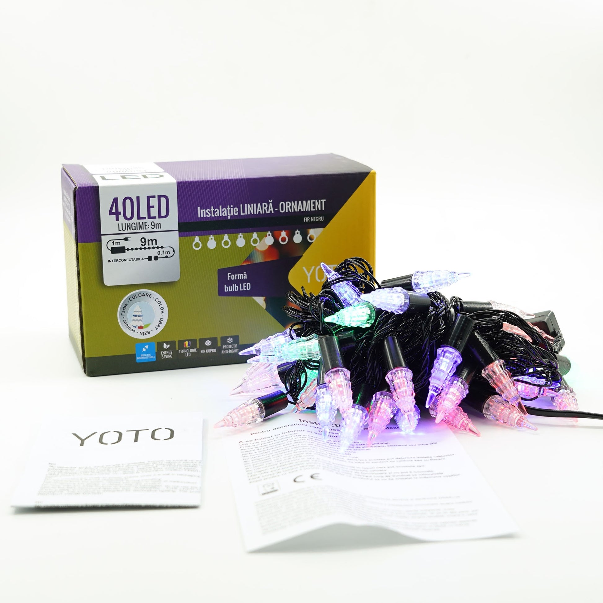 Instalatie de Craciun Liniara RGRB Yoto, 10 m, din care 1 m Prelungitor 220V, 40 LED, Model Brazi, Utilizare Interior/Exterior, Interconectabila, Fir Negru, multicolor-3