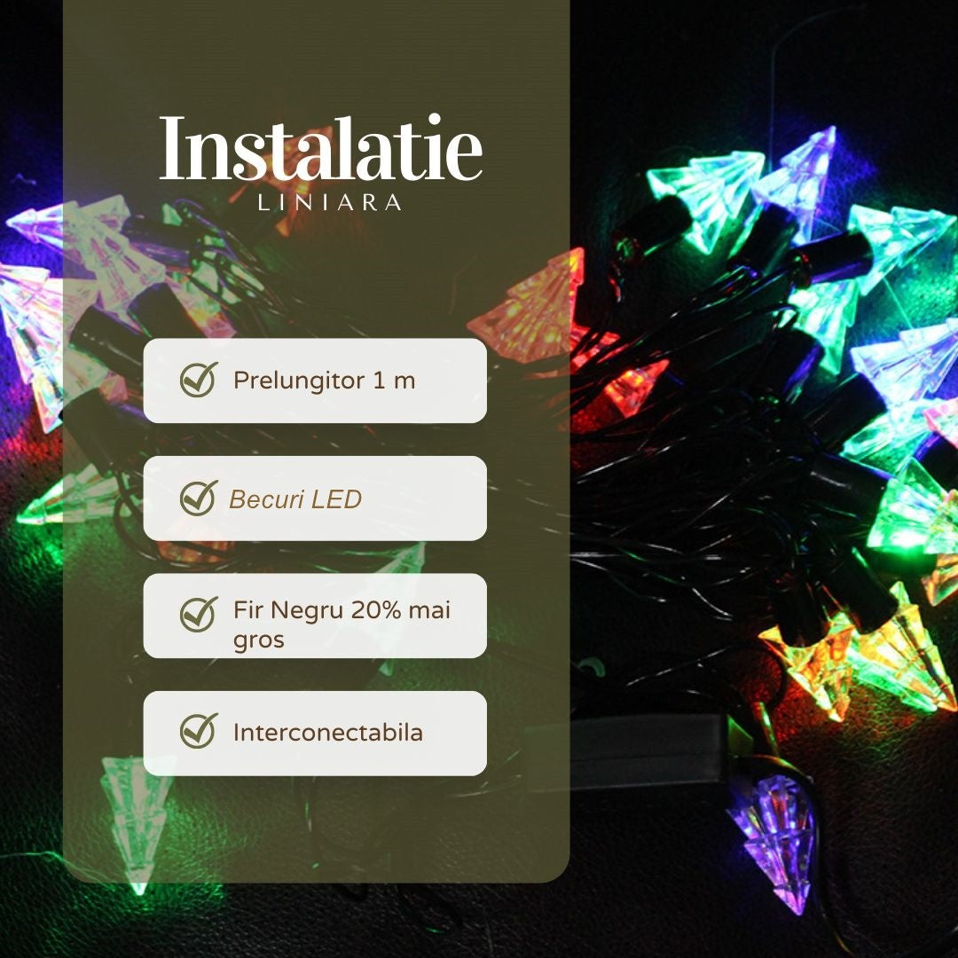 Instalatie de Craciun Liniara RGRB Yoto, 10 m, din care 1 m Prelungitor 220V, 40 LED, Model Brazi, Utilizare Interior/Exterior, Interconectabila, Fir Negru, multicolor-6