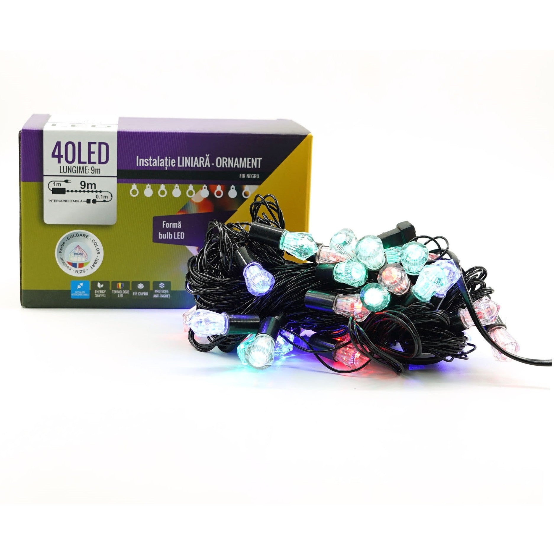 Instalatie de Craciun Liniara RGRB Yoto, 10 m, din care 1 m Prelungitor 220V, 40 LED, Model Diamante, Utilizare Interior/Exterior, Interconectabila, Fir Negru, multicolor-1