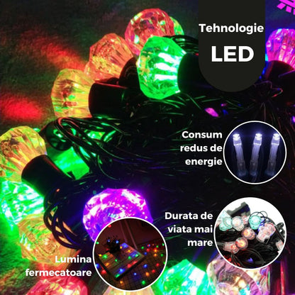 Instalatie de Craciun Liniara RGRB Yoto, 10 m, din care 1 m Prelungitor 220V, 40 LED, Model Diamante, Utilizare Interior/Exterior, Interconectabila, Fir Negru, multicolor-4