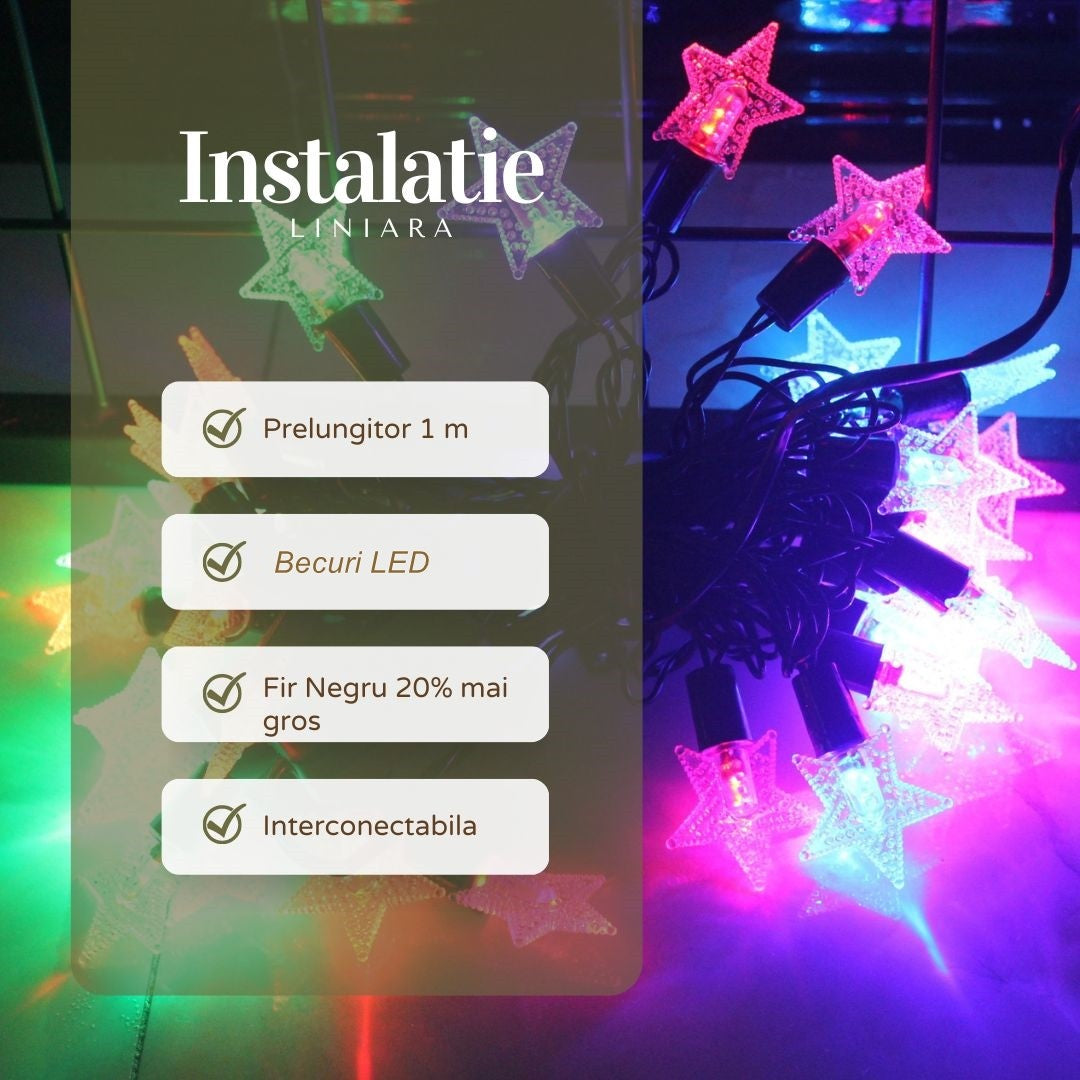 Instalatie de Craciun Liniara RGRB Yoto, 10 m, din care 1 m Prelungitor 220V, 40 LED, Model Stelute, Utilizare Interior/Exterior, Interconectabila, Fir Negru, multicolor-1