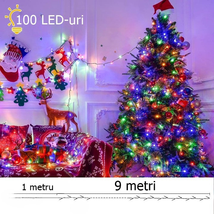 Instalatie de Craciun liniara Yoto, 10 m, din care 1 m cablu priza 220V, 100 LED, 8 jocuri de lumini, beculet in 6 colturi, pentru interior, controler, fir negru, multicolor-2
